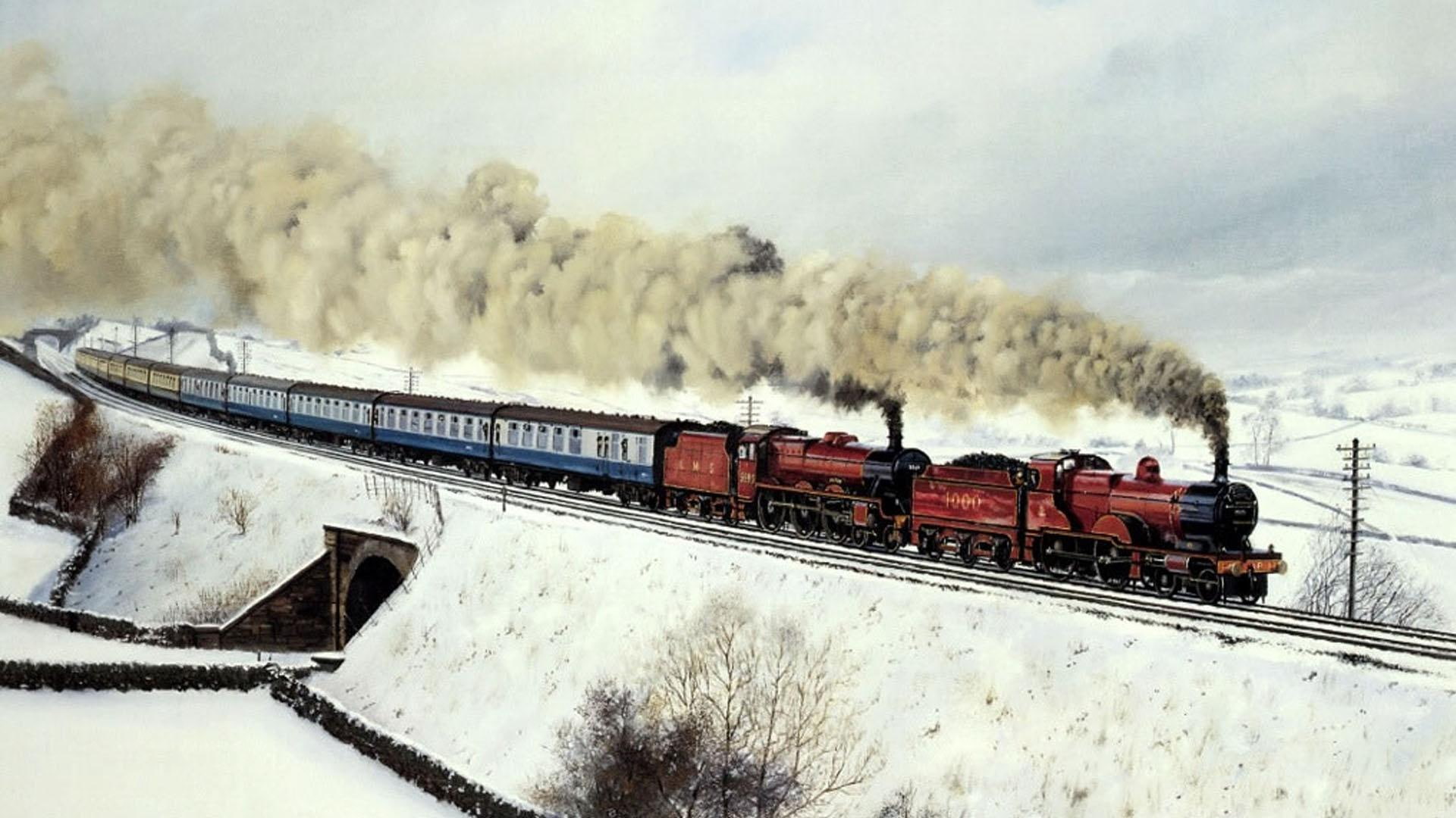 winter, twin, steam, 1080P, passenger, cars, engine, train, HD Wallpaper