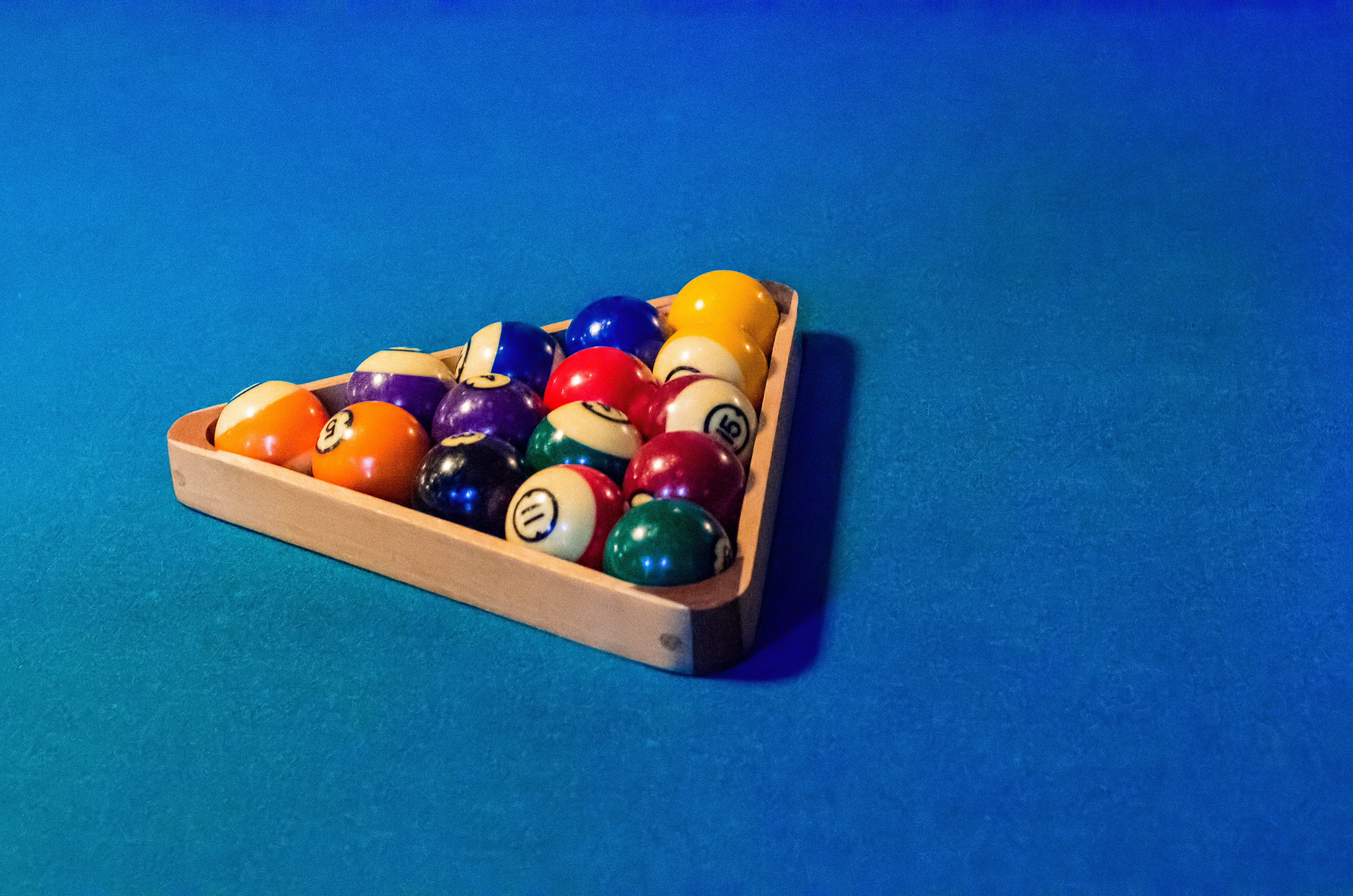 4K, billiard, sport, pool ball, triangle shape, men, set, playing, high angle view, blue, ball, top, Pool, multi colored, pool - cue sport, Game, relaxation, HD Wallpaper