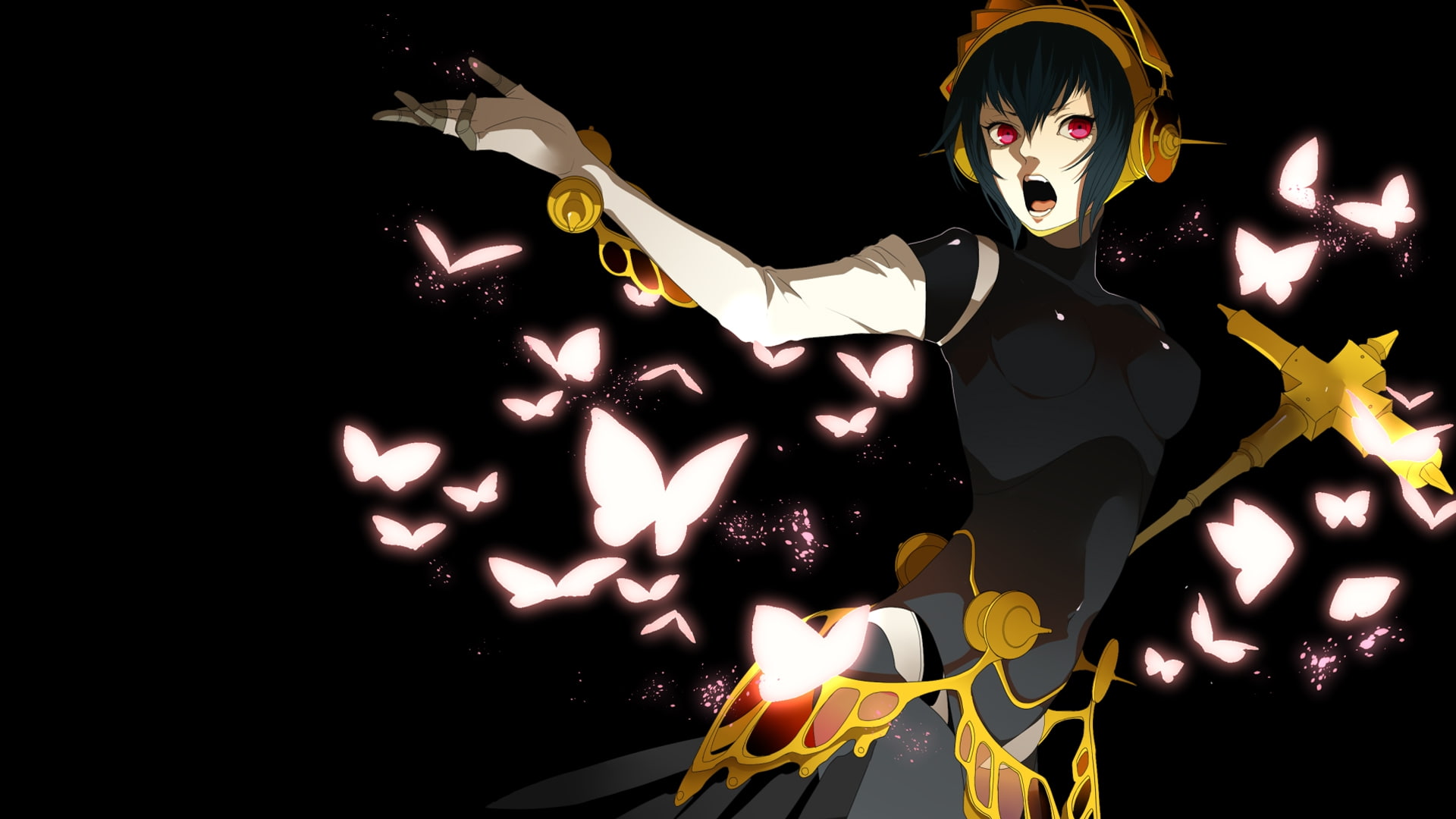 butterflies, headphones, h, girl, weapons, black, eyes, animals, games, video, glowing, android, hd, art, short, brunettes, red, dark, 1080P, HD Wallpaper