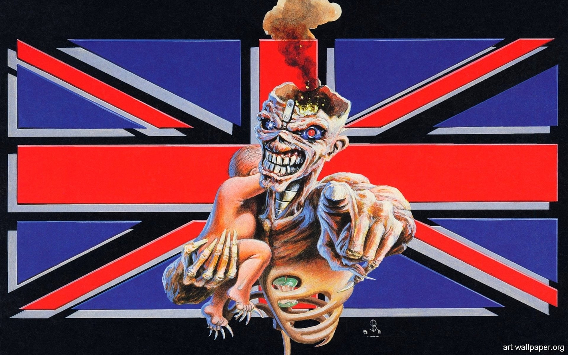 mask - disguise, emotion, 1080P, human body part, male likeness, multi colored, Eddie The Head, representation, Ed The Head, flag, Iron Maiden, human skeleton, HD Wallpaper