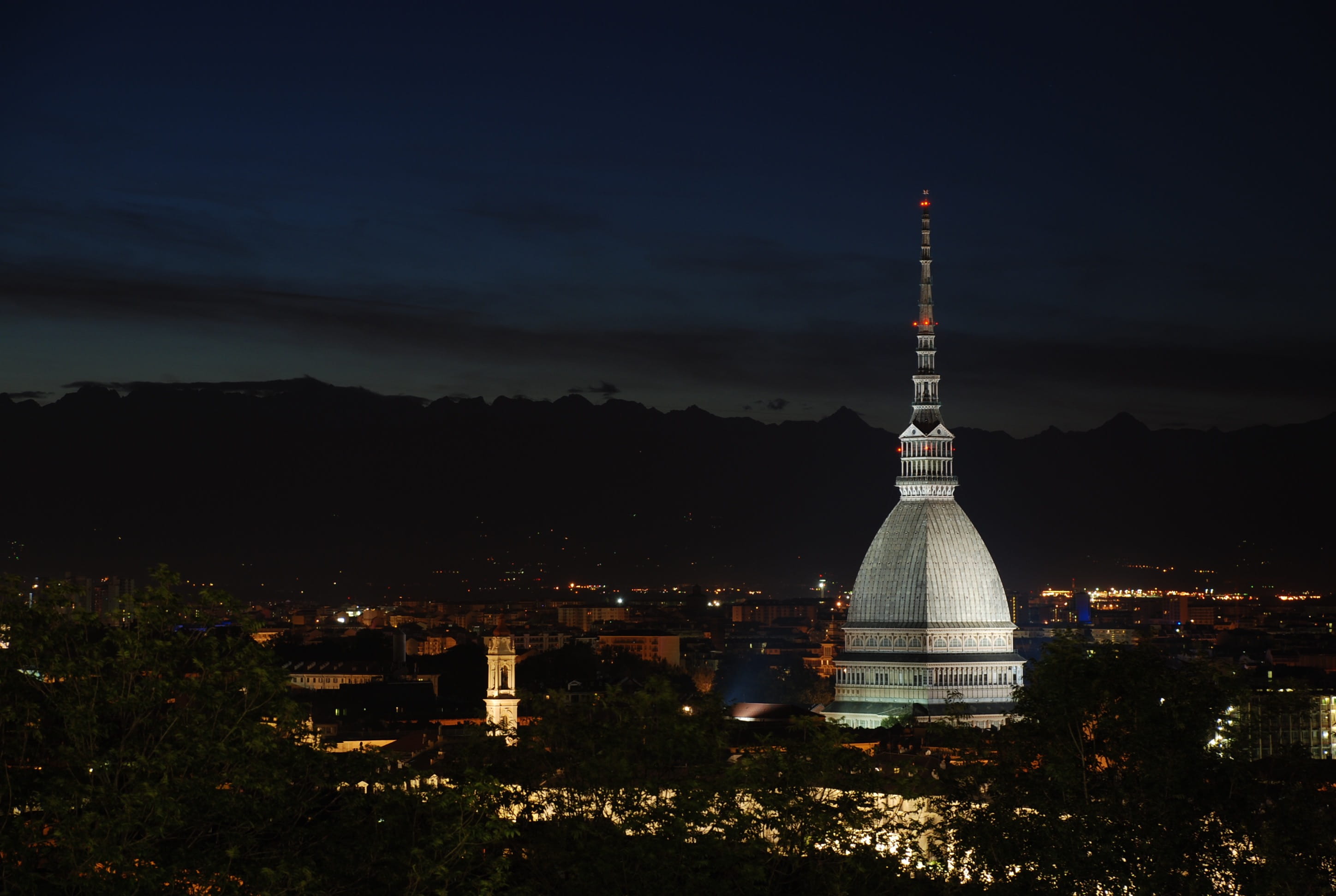 office building exterior, tower, night, mole, cityscape, 2K, tourism, mole antonelliana, tall - high, building exterior, cloud - sky, built structure, HD Wallpaper