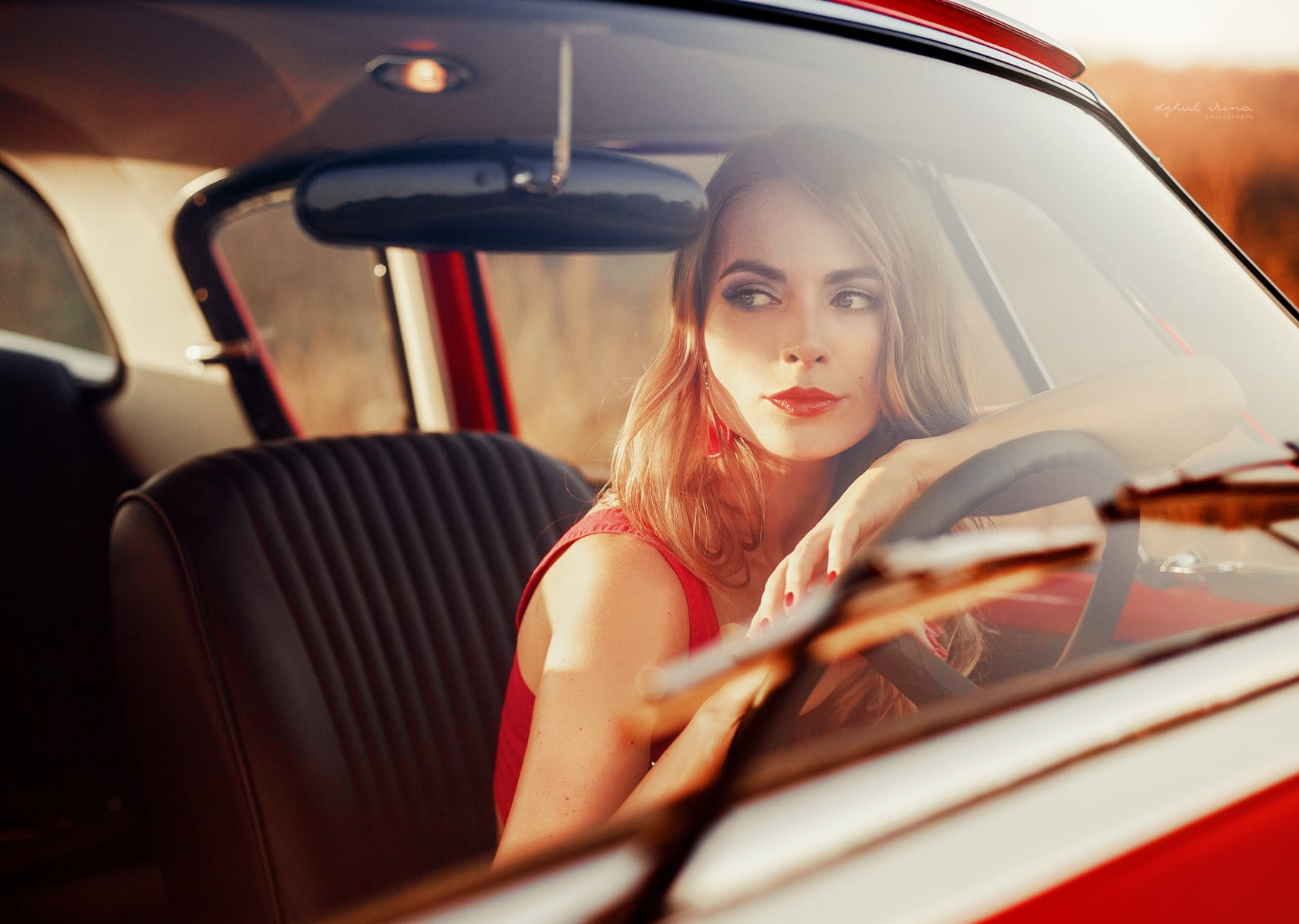car, 720P, moles, Irina Dzhul, hair, brunette, beauty, vehicle interior, beautiful woman, long hair, travel, fashion, top, red lipstick, women, transportation, HD Wallpaper