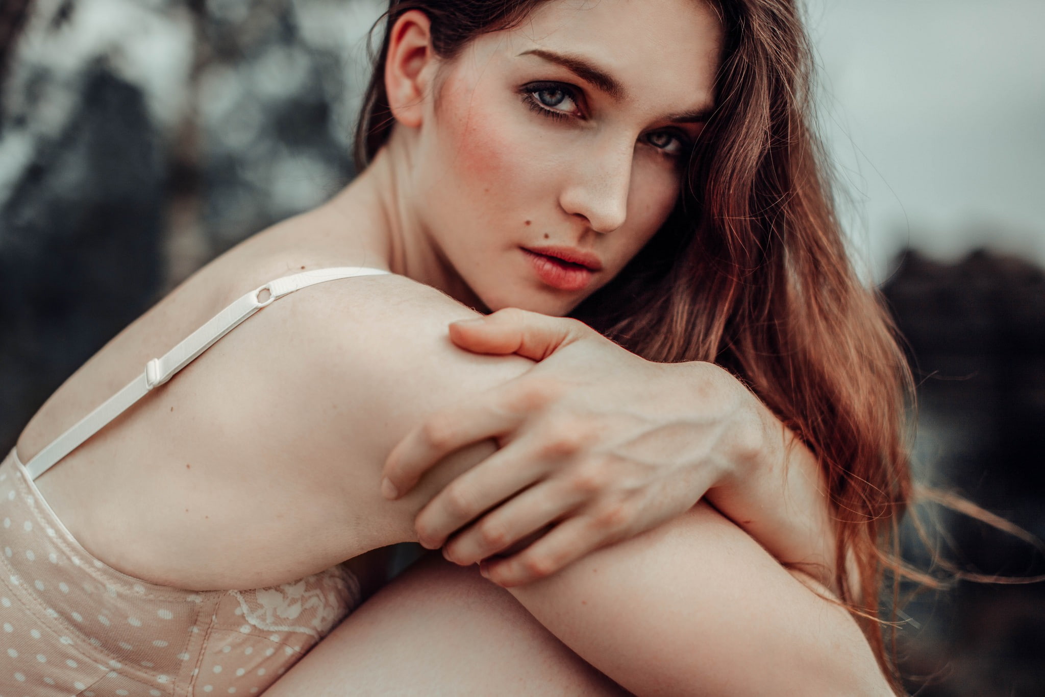 brunette, blue eyes, brown hair, hairstyle, moles, young adult, young women, portrait, women, teenager, focus on foreground, beautiful woman, headshot, HD Wallpaper