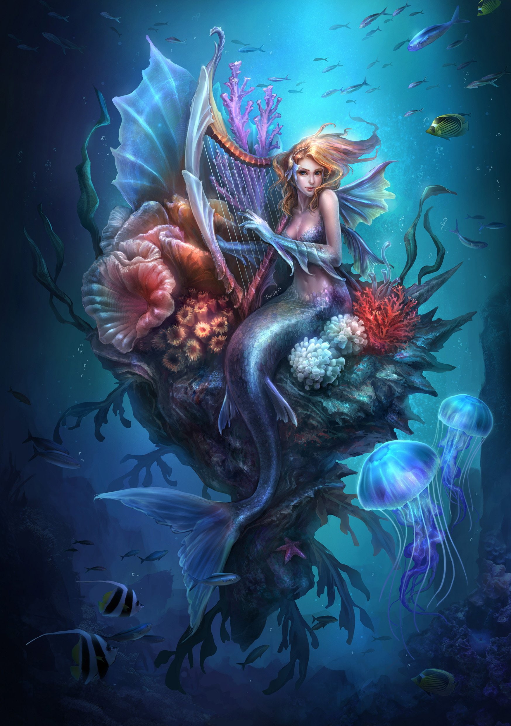 beautiful woman, animal wildlife, undersea, underwater, 1080P, vertebrate, francis, fantasy, group of animals, fish, nature, sea life, tneh, animals in the wild, Phone HD Wallpaper
