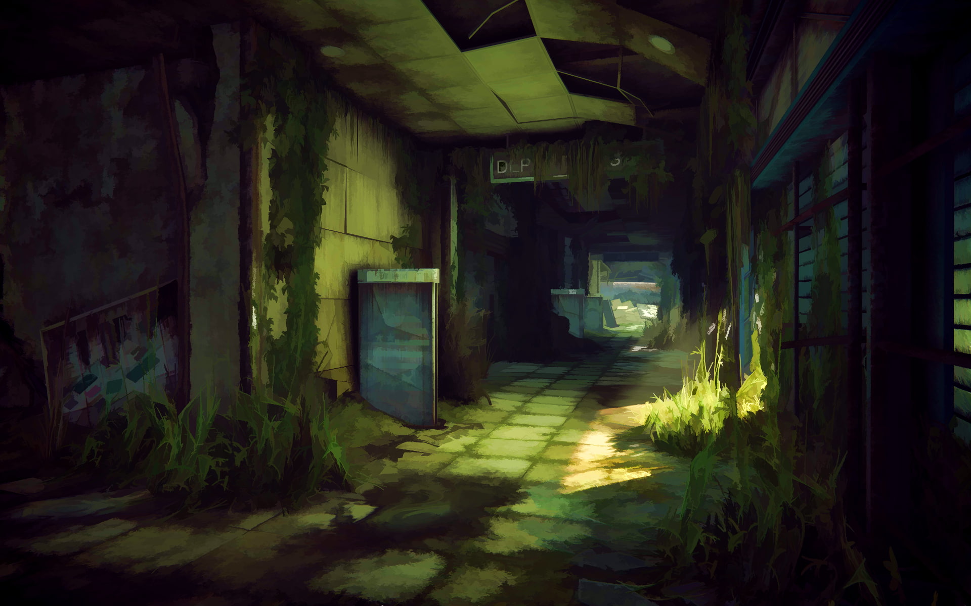 building, hallway, ruin, 1080P, artwork, overgrown, futuristic, HD Wallpaper