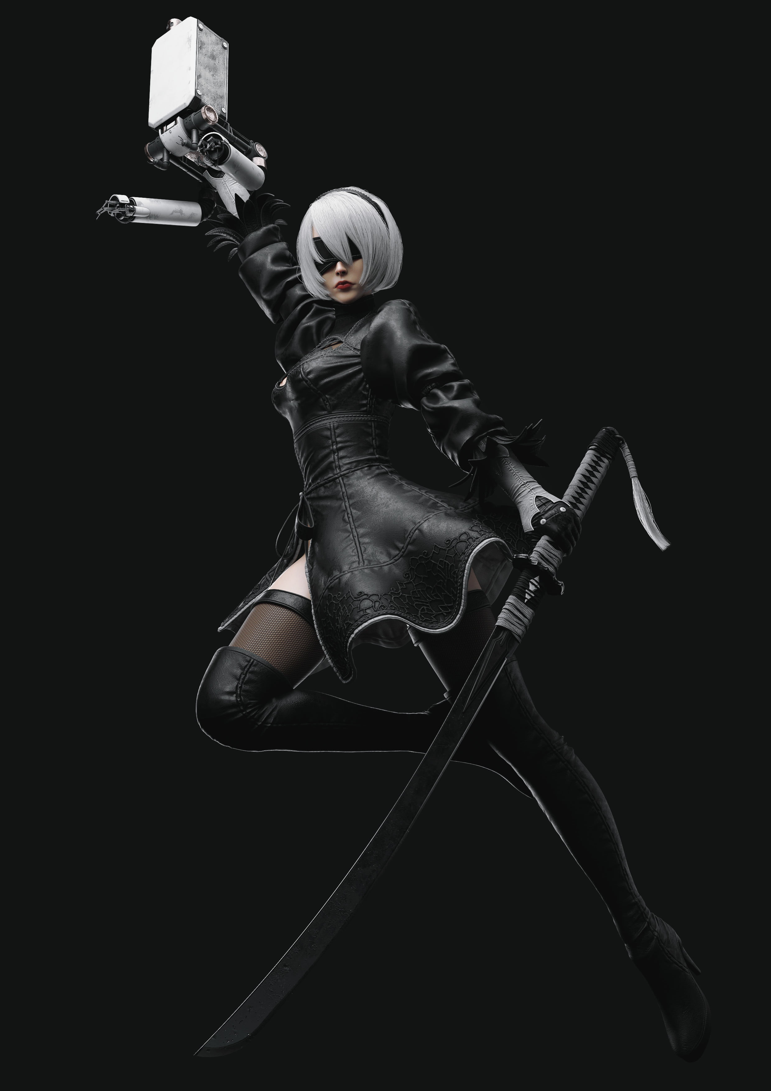 katana, thigh-highs, simple background, 2B, 2K, short hair, Nier: Automata, Dylan Kowalski, dress, weapon, black clothing, silver hair, black background, Phone HD Wallpaper