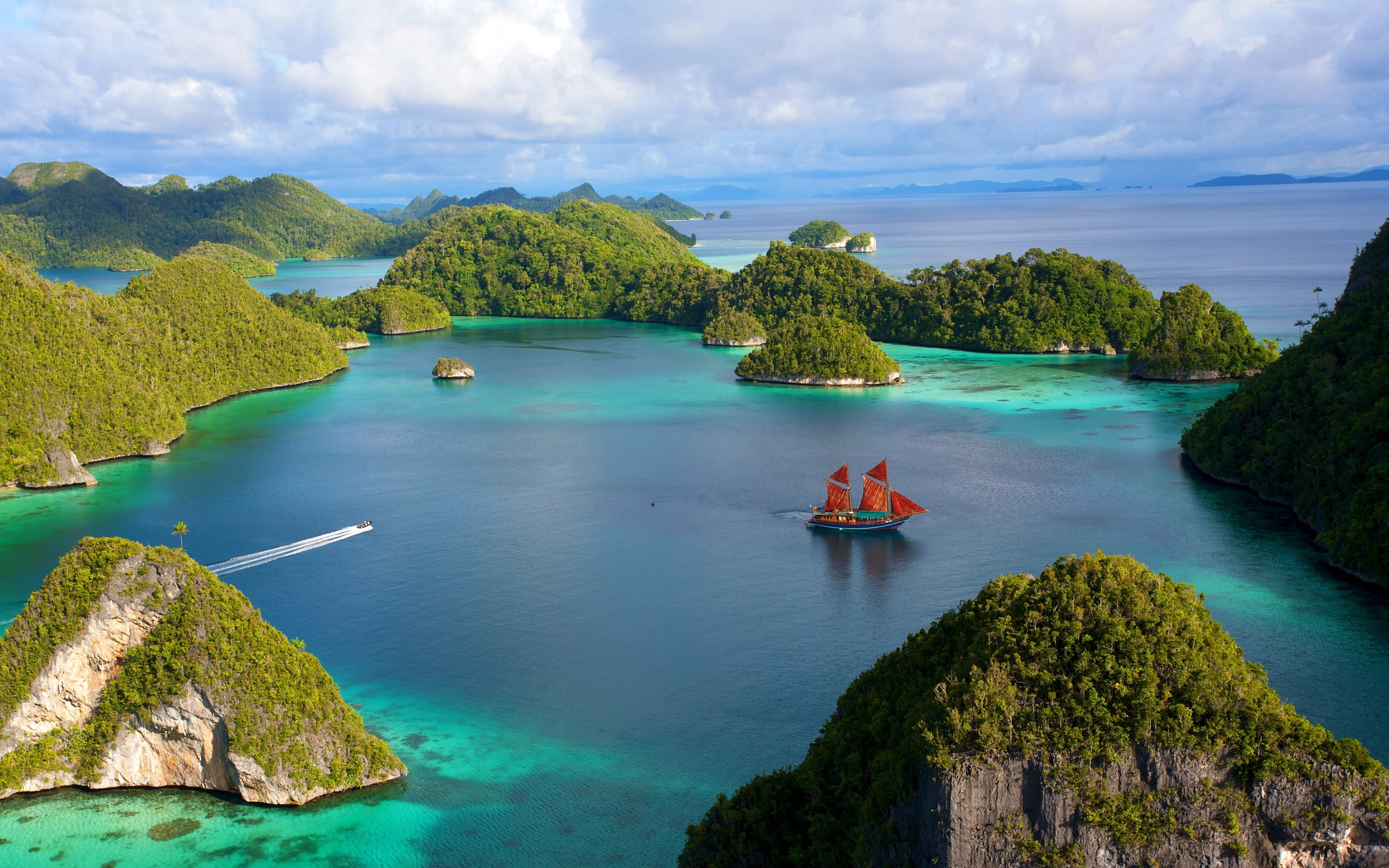 Beautiful, Blue, Indonesia, Sky, Ship, 2K, Water, Clouds, Islands, Sea, Scenery, HD Wallpaper