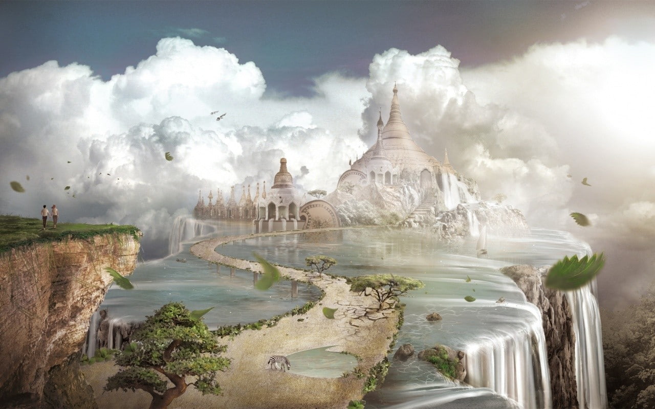 720P, water, fantasy art, castle, leaves, fantasy, art, clouds, waterfall, HD Wallpaper