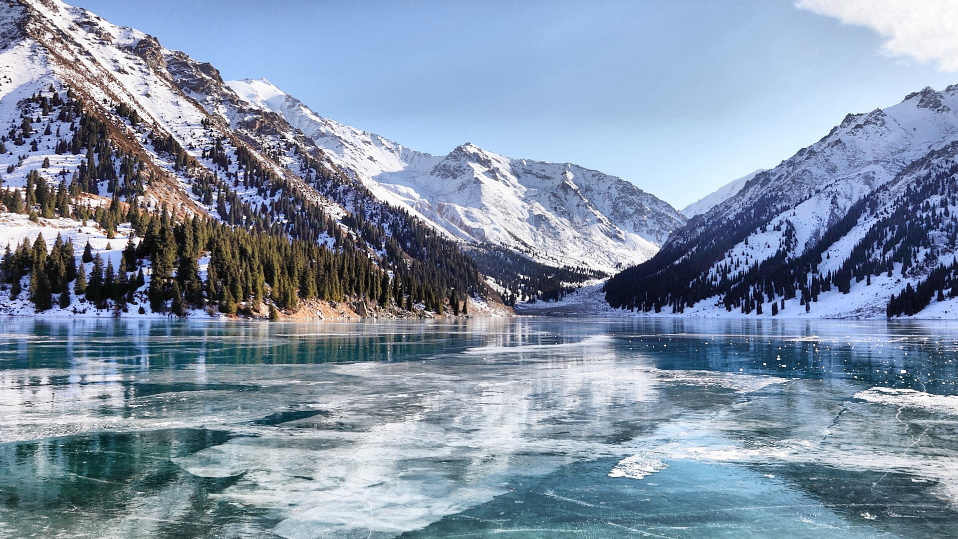 clouds, trees, scenic, hd, mountains, ice, lakes, landscapes, nature, snow, art, x, water, w, frozen, skyscapes, 1080P, winter, HD Wallpaper