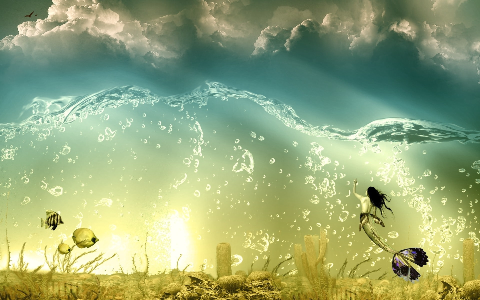 Clouds, fantasy, 1080P, mermaids, sunbeams, water, surreal, abstract, fish, x, art, underwater, bubbles, hd, HD Wallpaper
