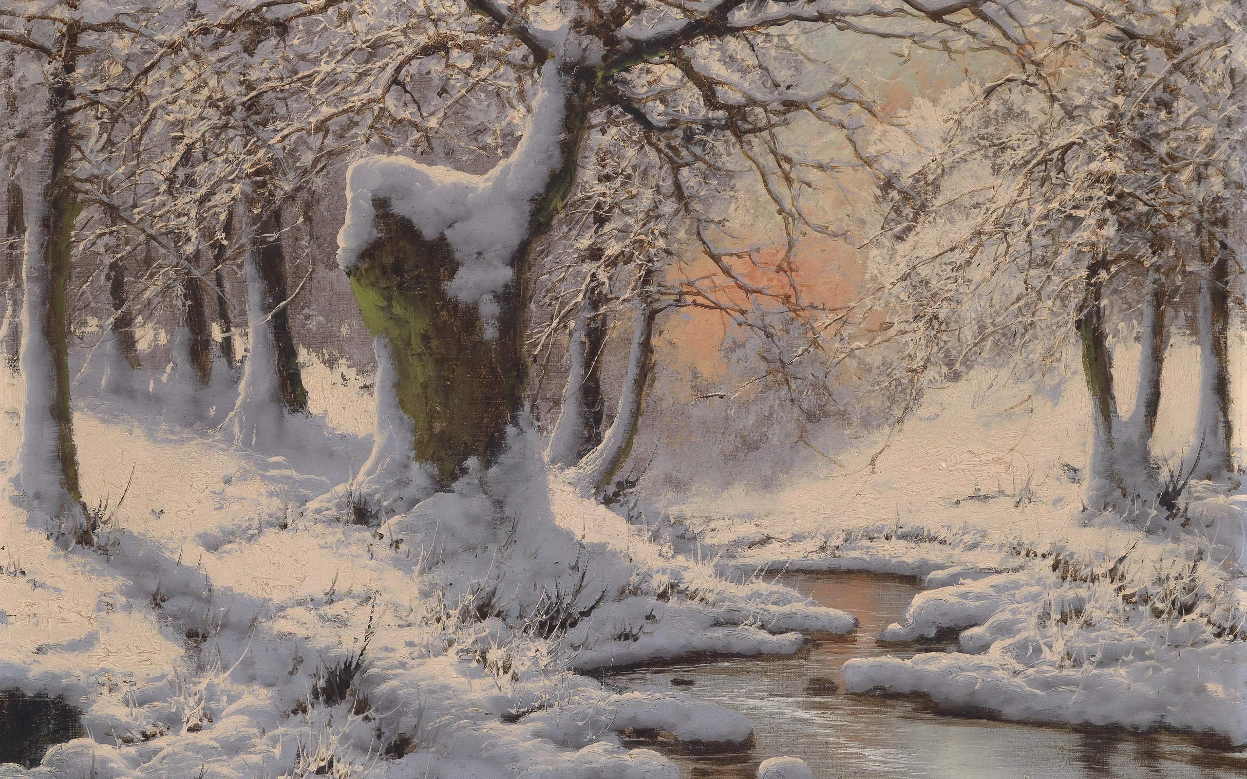 oil on canvas, Hungarian painter, 2K, Laszlo Nogradi, Winter snow landscape with stream in sunset, Laszlo Neogrady, Winter snow landscape with stream at, HD Wallpaper