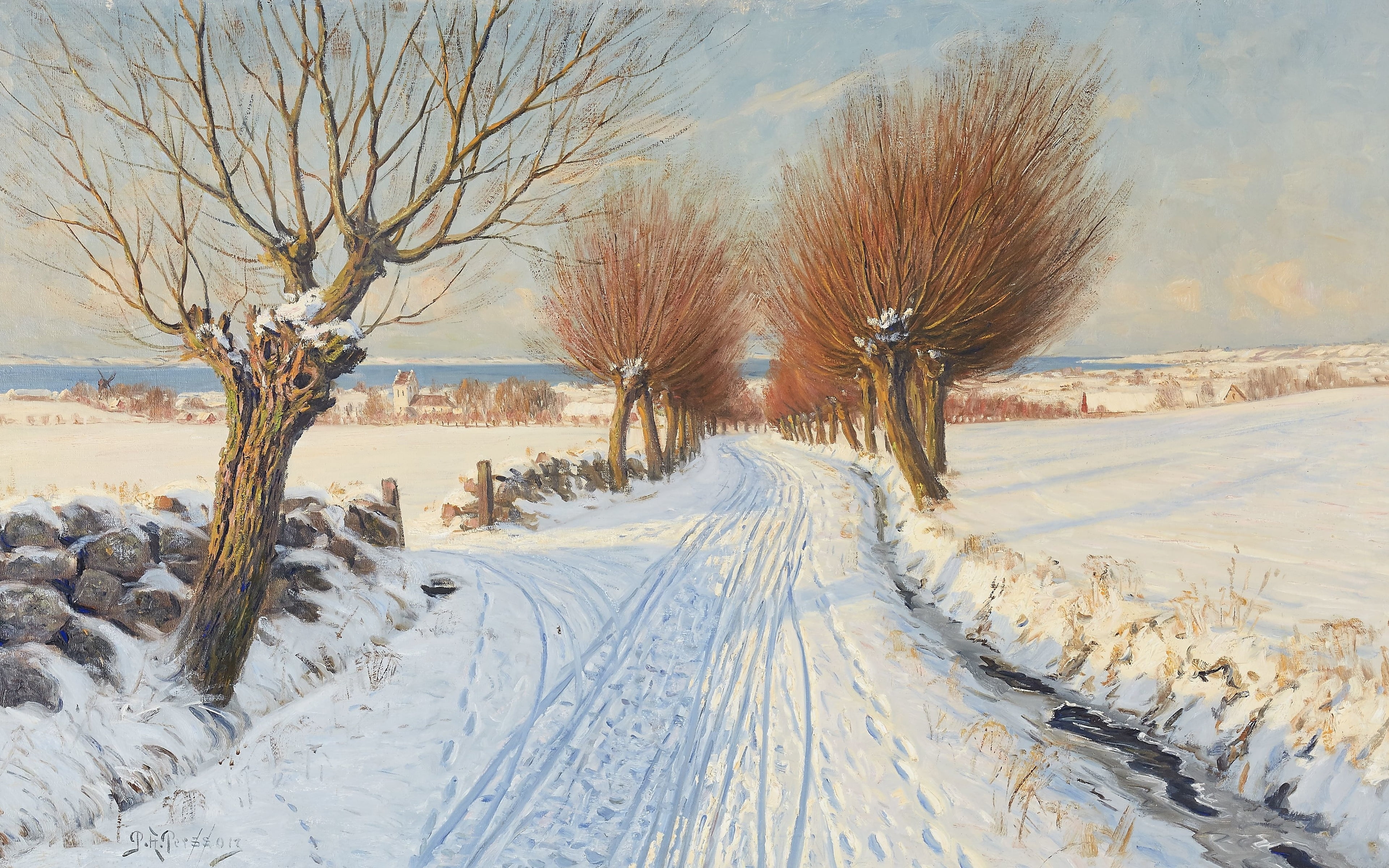 Swedish artist, tree-lined avenue, 4K, The snow-covered, oil on canvas, Peter Adolf Persson, Snow covered alley, Swedish painter, Snowy alley, HD Wallpaper