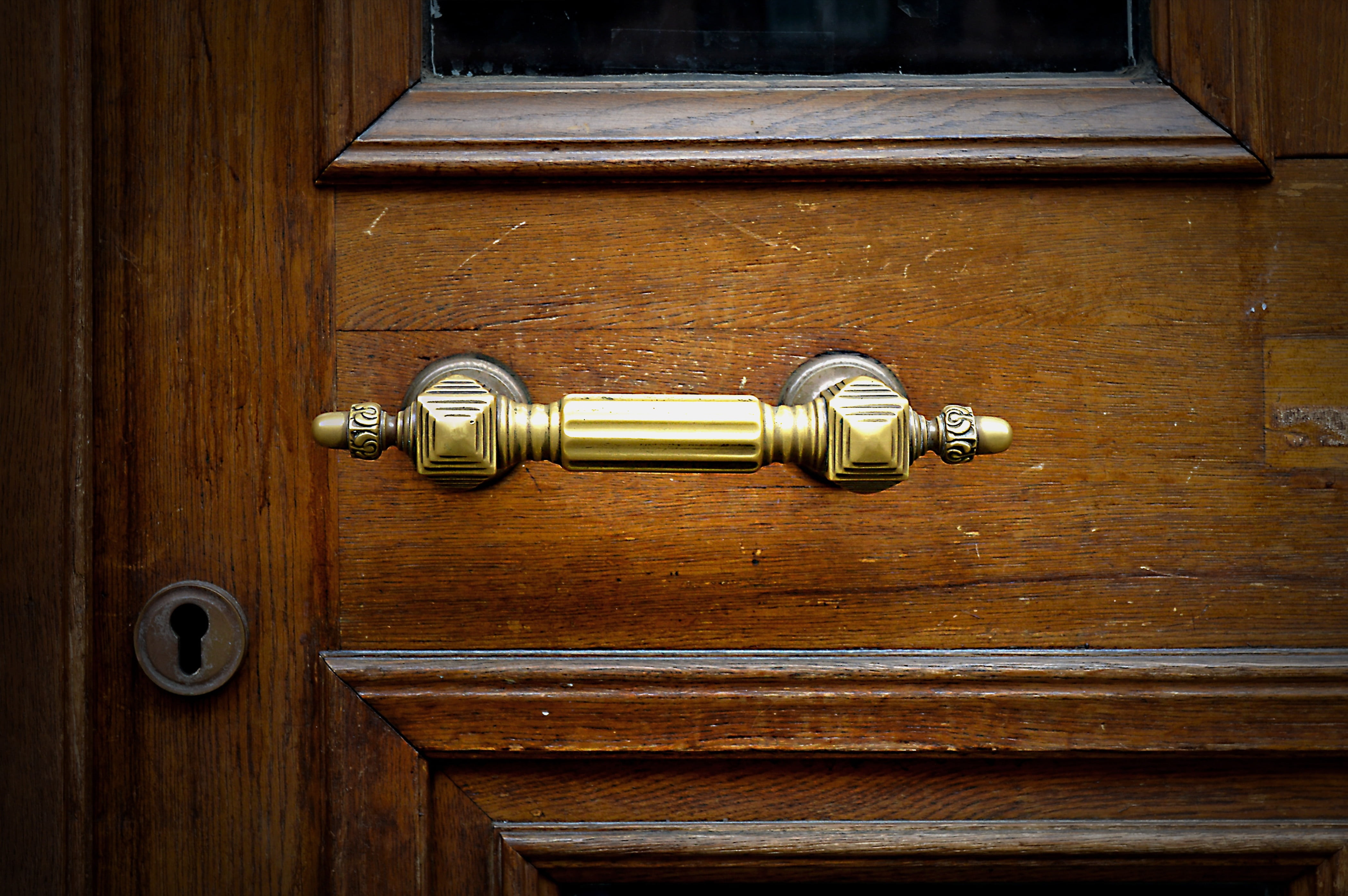 art nouveau, apartment, weathered, old, latch, security, close-up, silver colored, no people, thumper, metal, day, door lock, access, gold colored, colored, HD Wallpaper