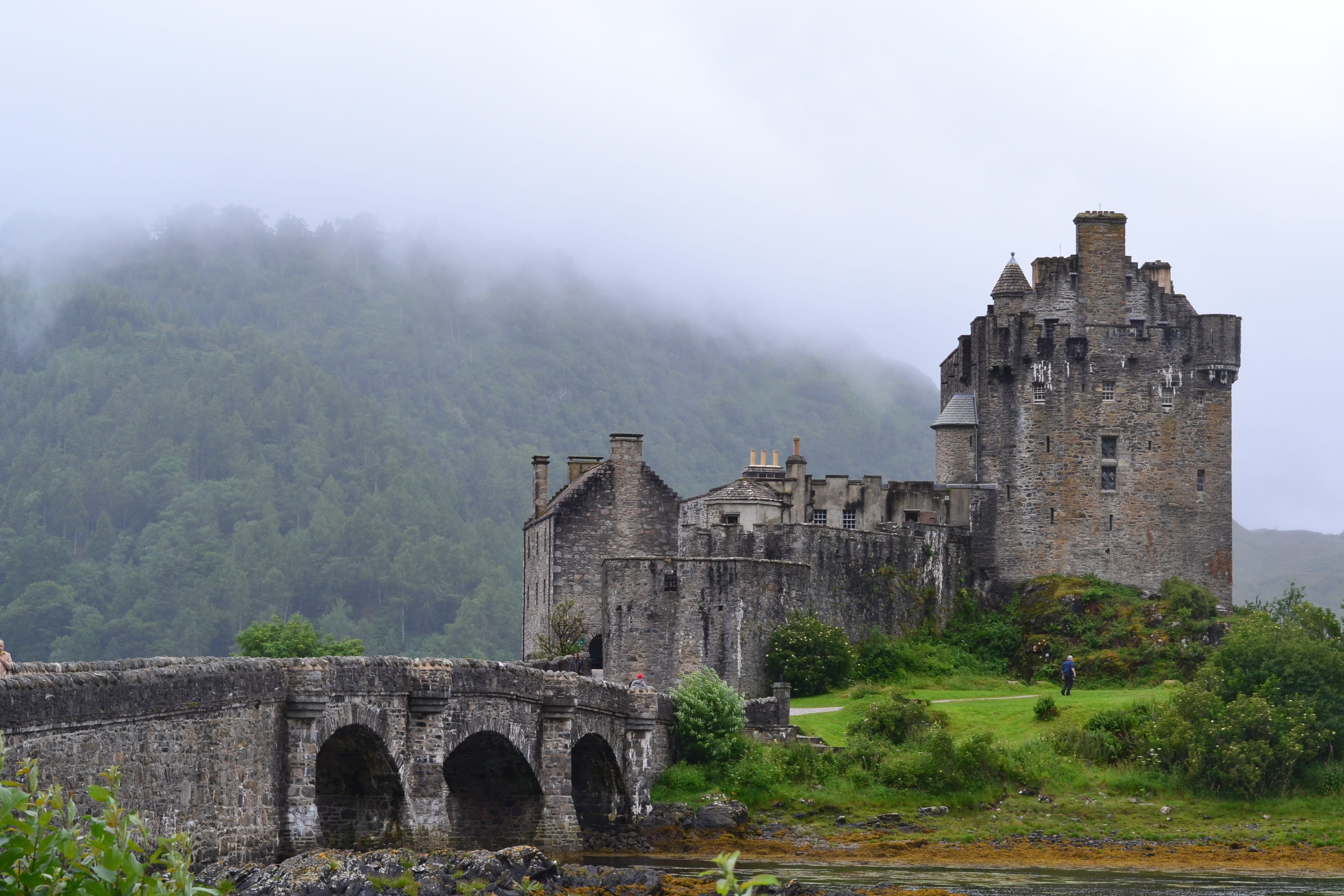 stone, famous, building, the past, gray, travel, no people, fog, trees, landmark, places of interest, day, tree, mountain, fort, green, sky, plant, travel destinations, HD Wallpaper