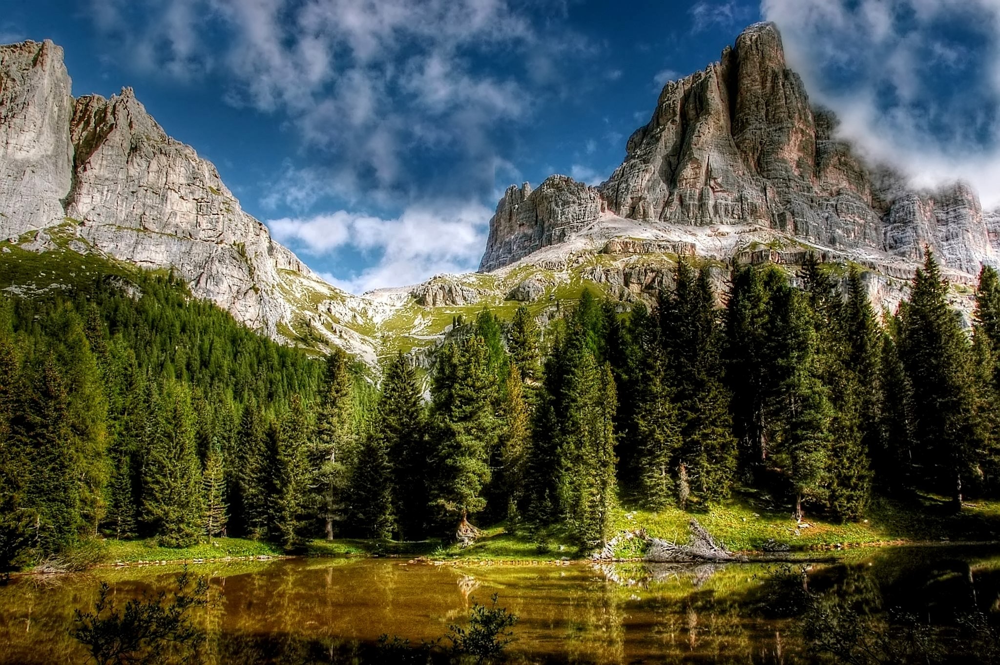 nature, no people, environment, silent, dolomites, tree, rubble field, reflection, idyllic, mountain, scenics - nature, grass, italy, mountain range, plant, HD Wallpaper