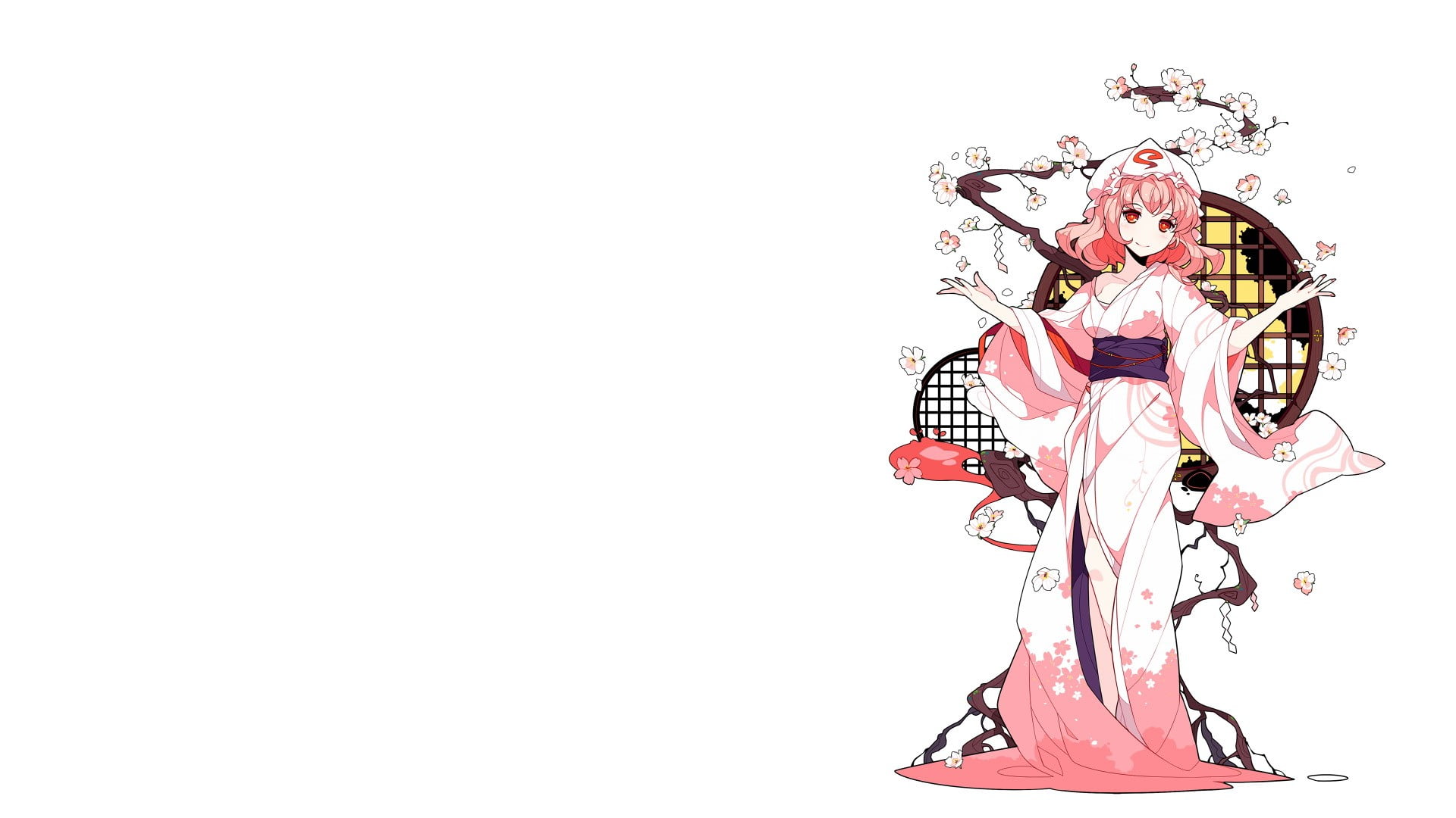 no people, smiling, Saigyouji Yuyuko, pink hair, human representation, cut out, blushing, indoors, food and drink, freshness, creativity, bangs, art and craft, HD Wallpaper