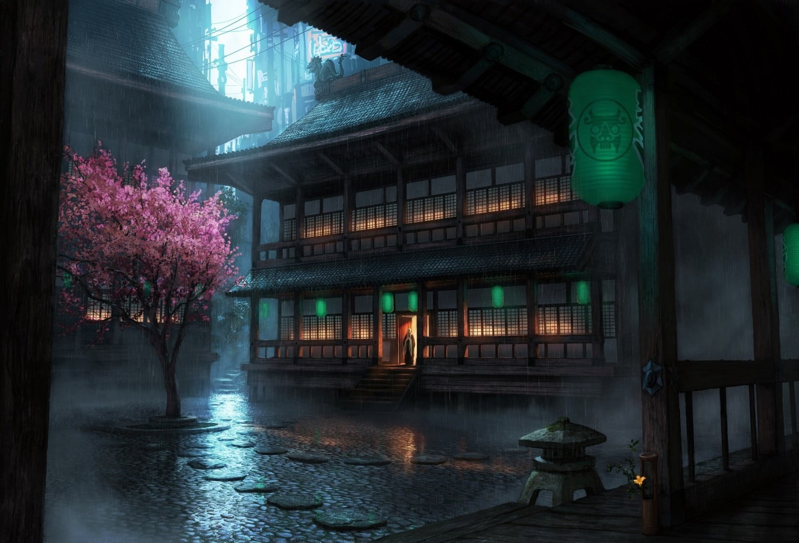 The Secret World, 720P, rain, building, Cherry Blossom, HD Wallpaper