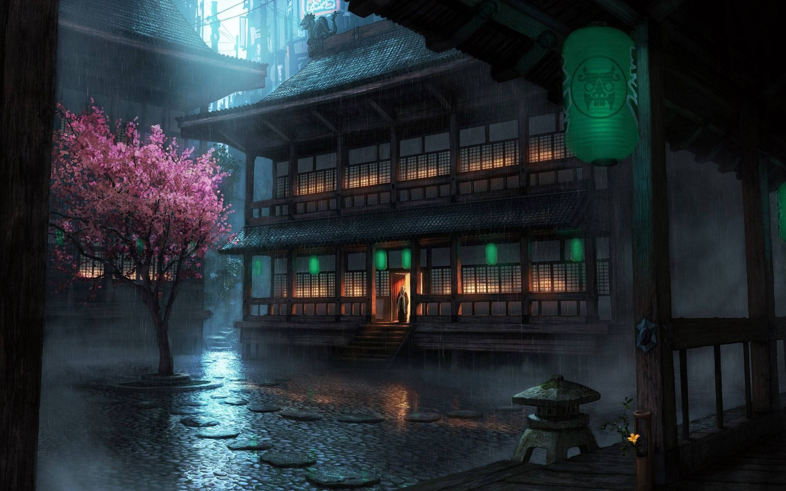 2K, flowering plant, tree, plant, one person, flower, rainy season, Japan, reflection, architecture, nature, illuminated, wet, rain, city, The Secret World, HD Wallpaper