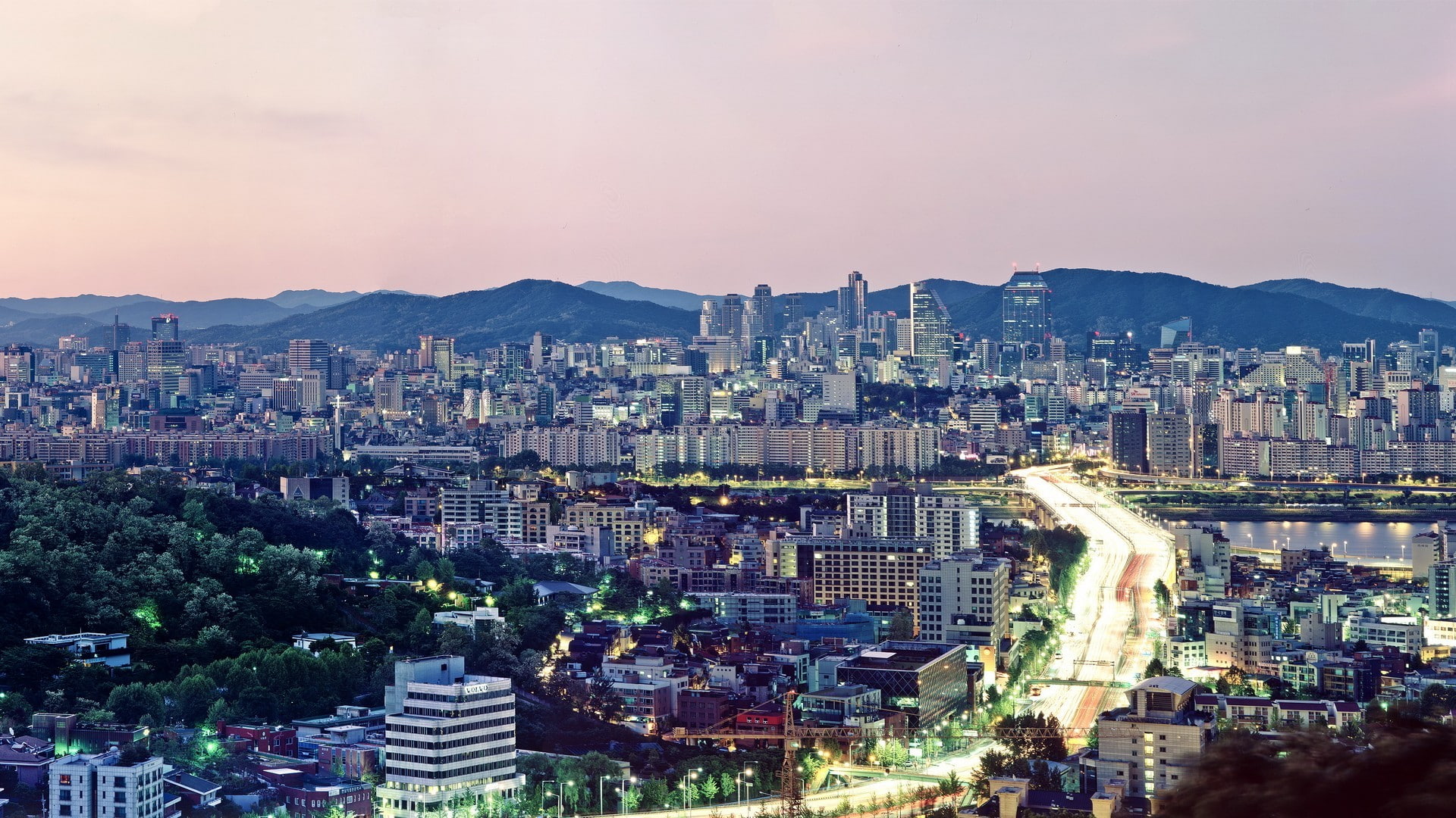 1080P, outdoors, nightlife, skyscraper, city, illuminated, travel destinations, city life, no people, Seoul, modern, night, building exterior, residential district, HD Wallpaper