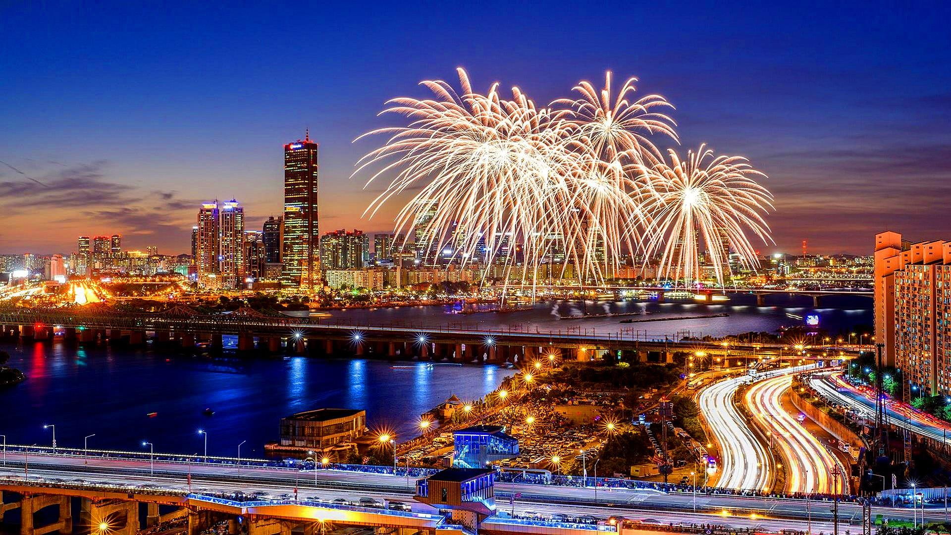 seoul, night, city, fireworks, 1080P, life, city lights, south korea, skyline, cityscape, sky, metropolis, festival, HD Wallpaper