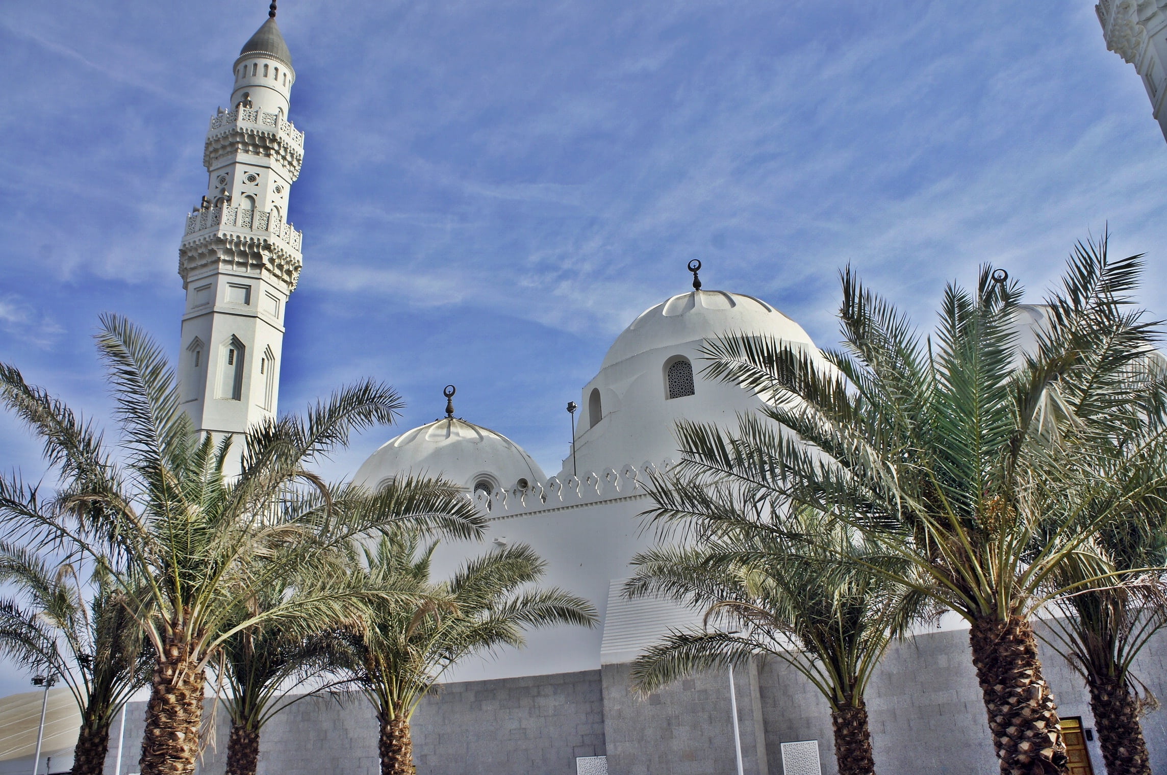 outside, tropical tree, architecture, trees, qiblatain, place of worship, built structure, spirituality, 1080P, building, mosque, madina, outdoors, travel destinations, HD Wallpaper