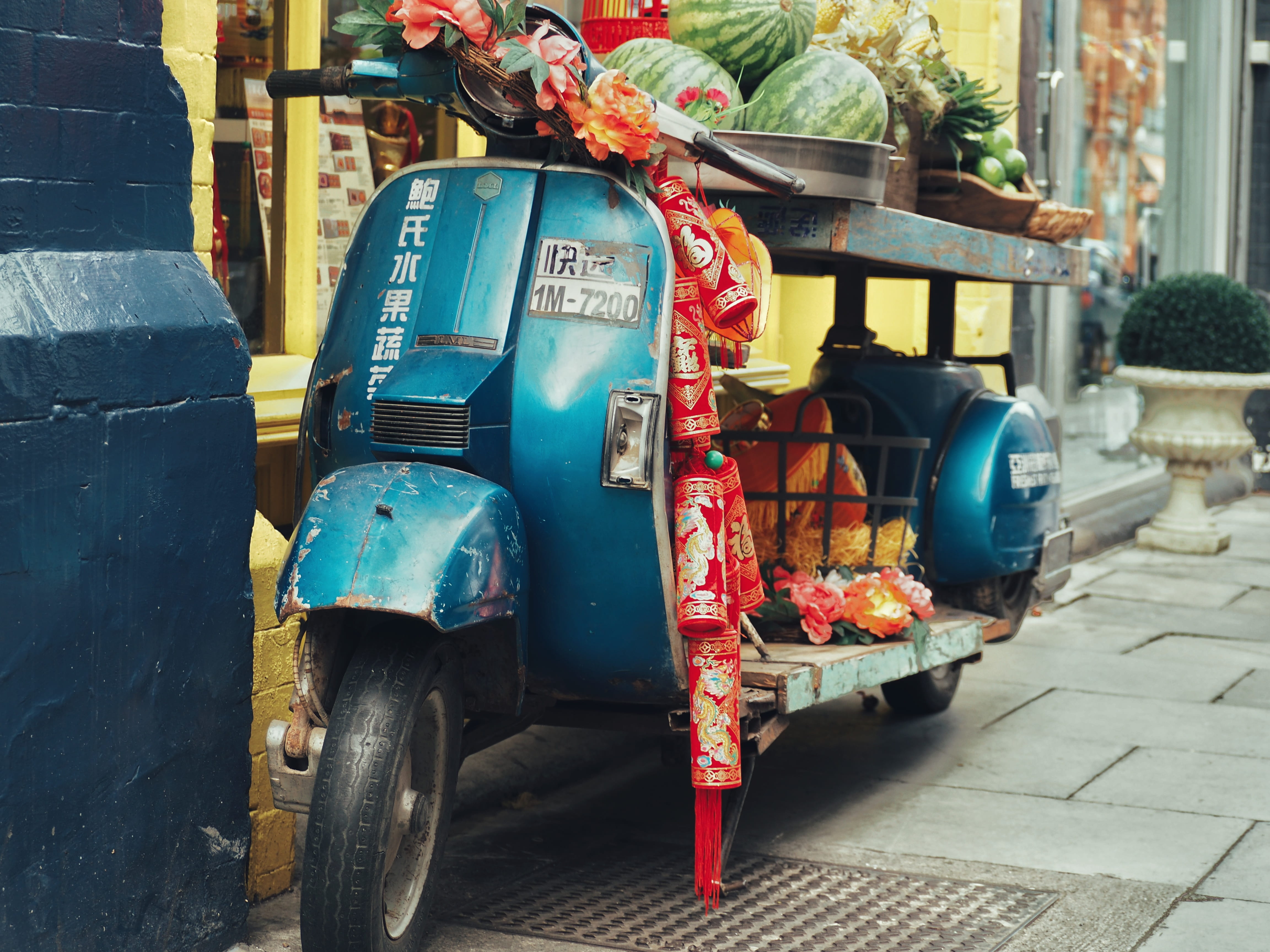 land vehicle, stationary, communication, china, pavement, motor vehicle, footpath, 4K, outdoors, stall, moped, fruits, wall, travel, urban, city, day, HD Wallpaper