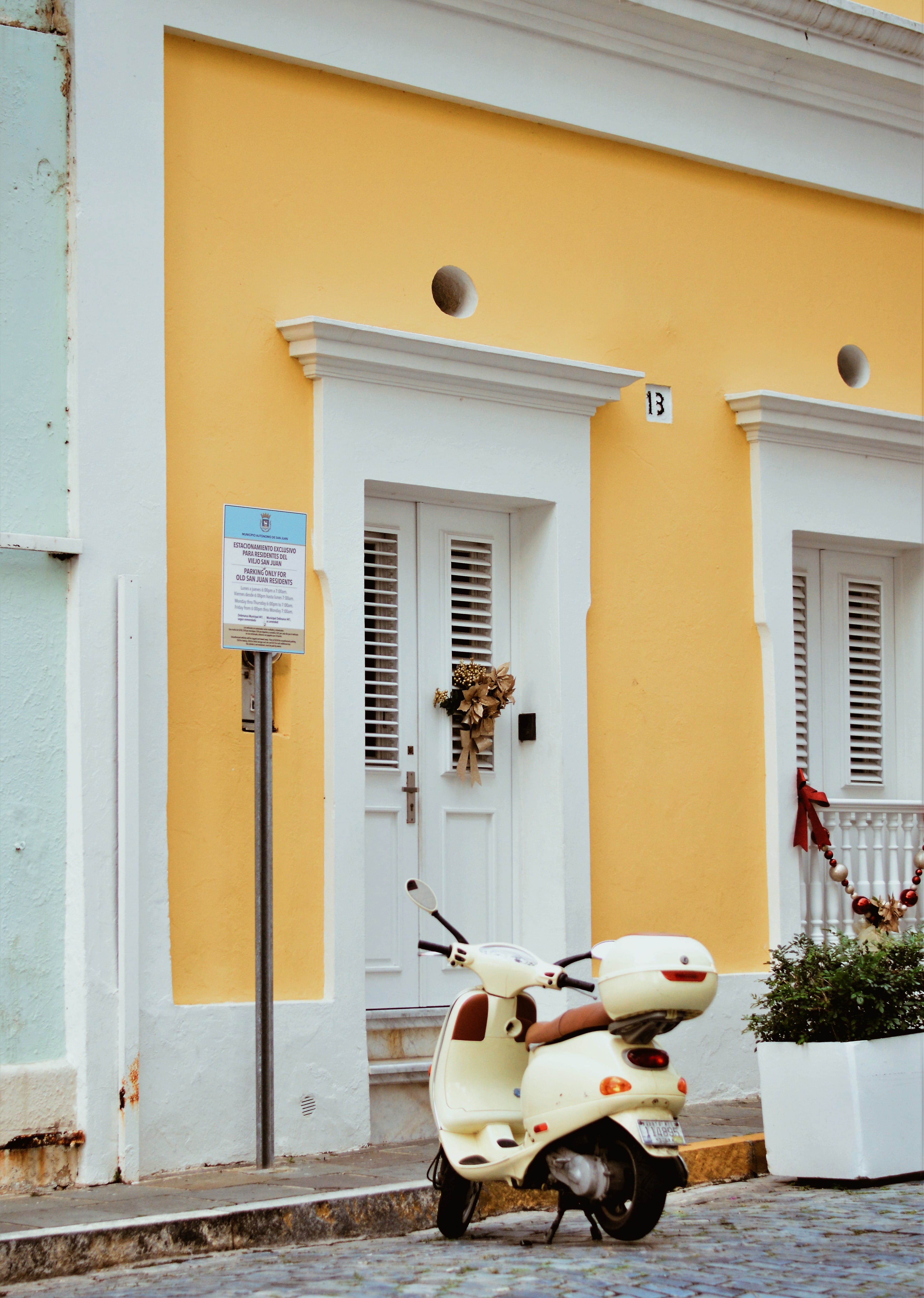 building, scooter, city, house, street, vintage, window, building exterior, 5K, residential district, white, land vehicle, vacation, cobblestone, Phone HD Wallpaper