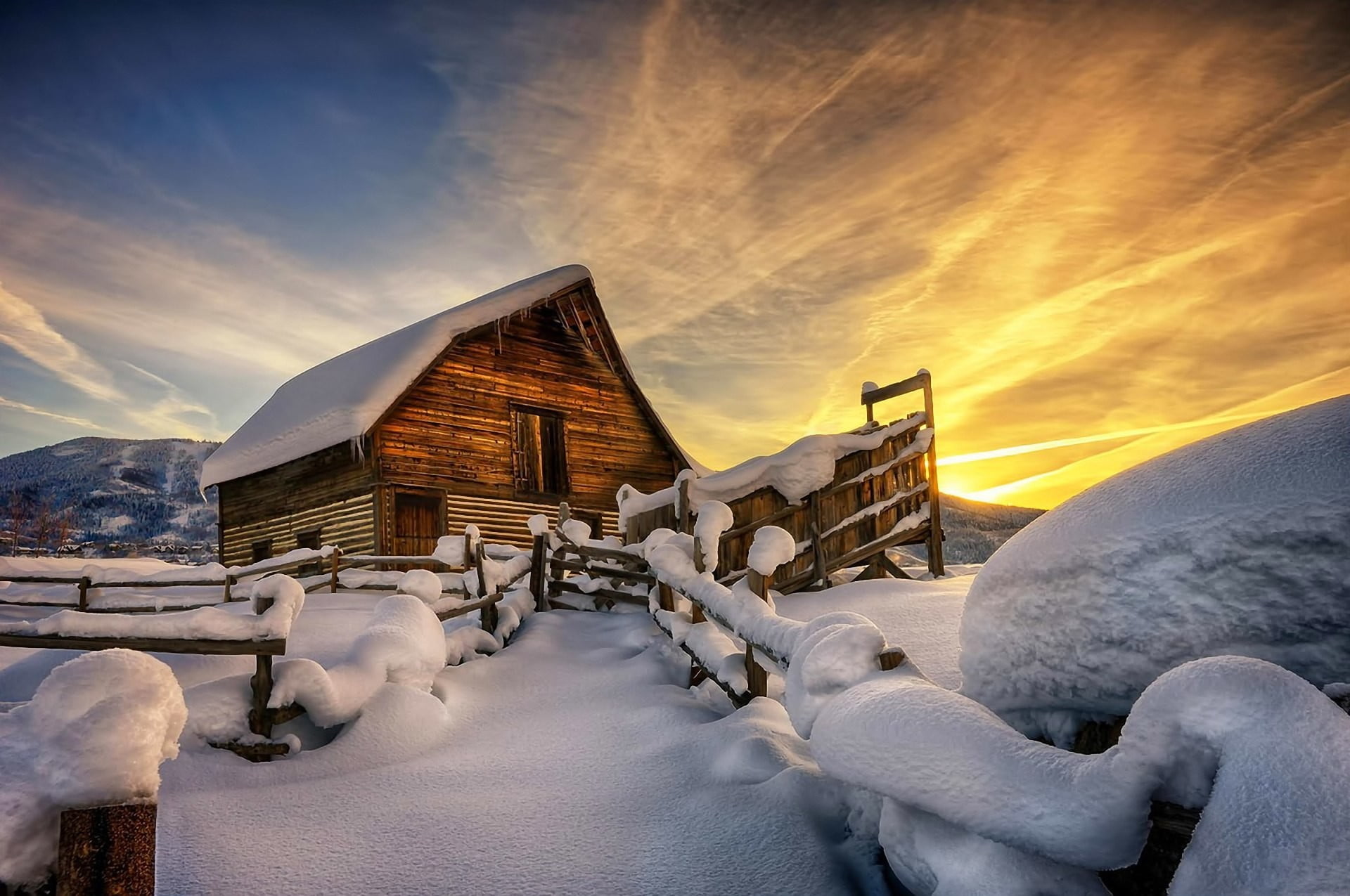 cloud - sky, building, house, scenics - nature, frozen, snow, building exterior, beauty in nature, no people, white color, orange color, 1080P, brown, HD Wallpaper