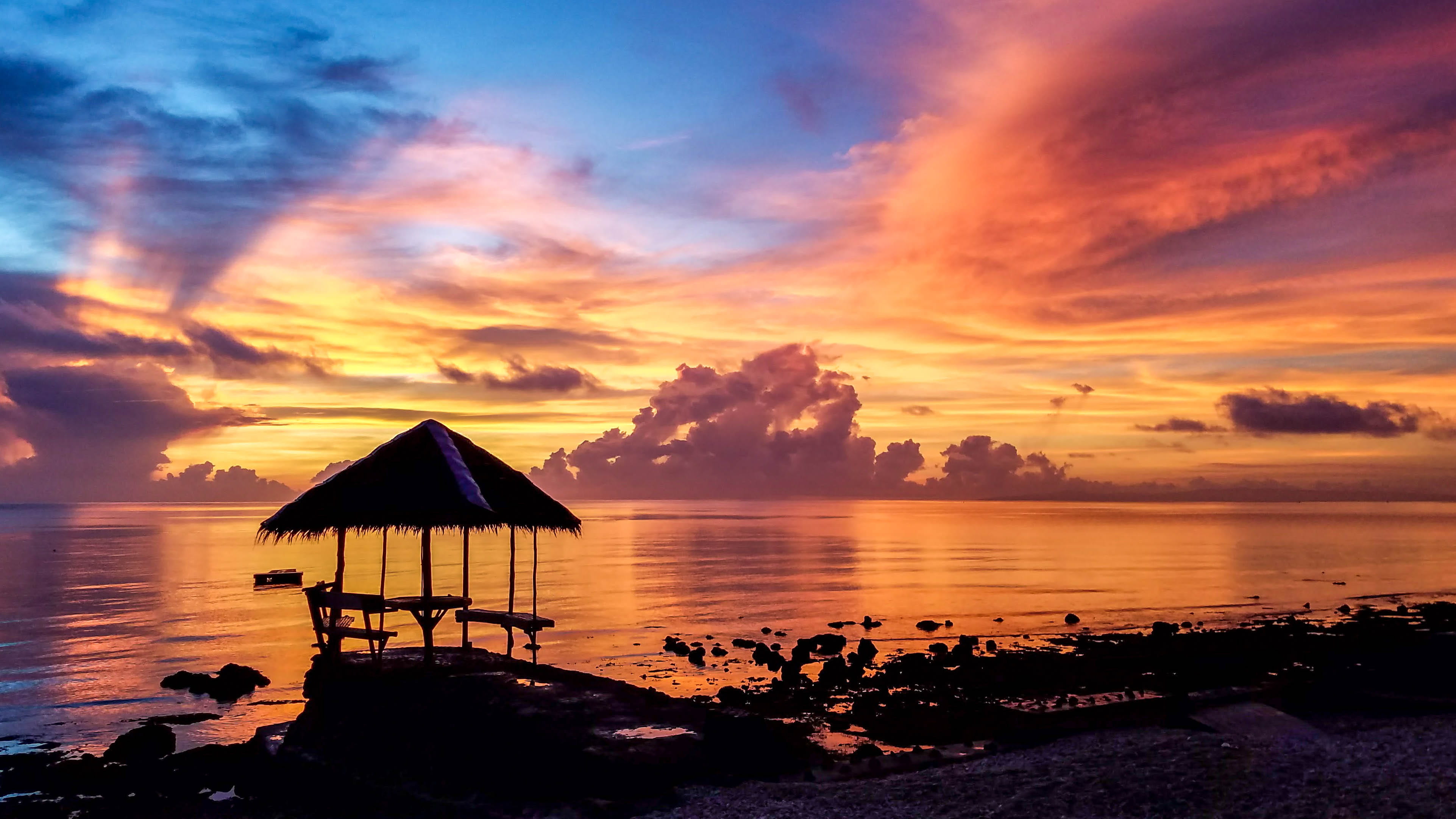 water, sunset, tranquility, dramatic sky, cloud, nature, beauty in nature, horizon over water, scenics - nature, cottage, sea, paradise, tranquil scene, HD Wallpaper