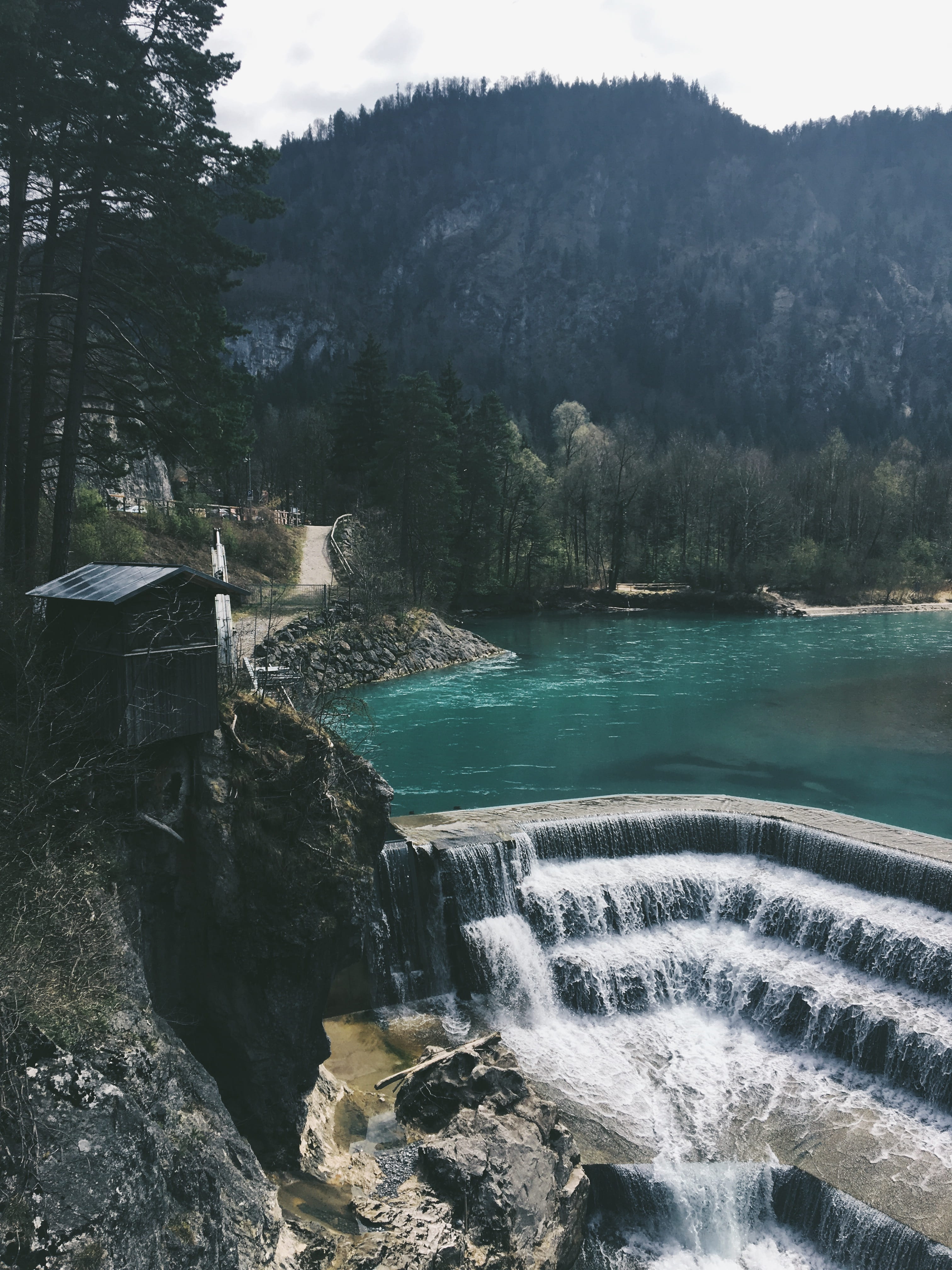 sky, plant, non-urban scene, rock, nature, beauty in nature, scenery, outdoors, tranquil scene, flowing water, landscape, water, füssen, dam, falling water, Phone HD Wallpaper