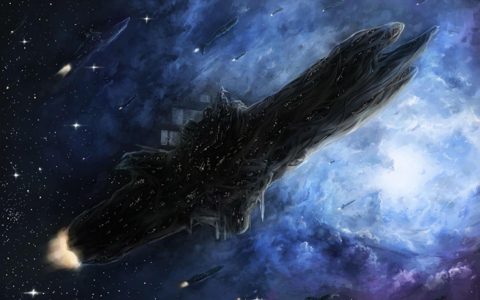 fantasy, craft, 1920x1200, illustration, black, 1080P, gray, spaceship, gigantic, space, HD Wallpaper