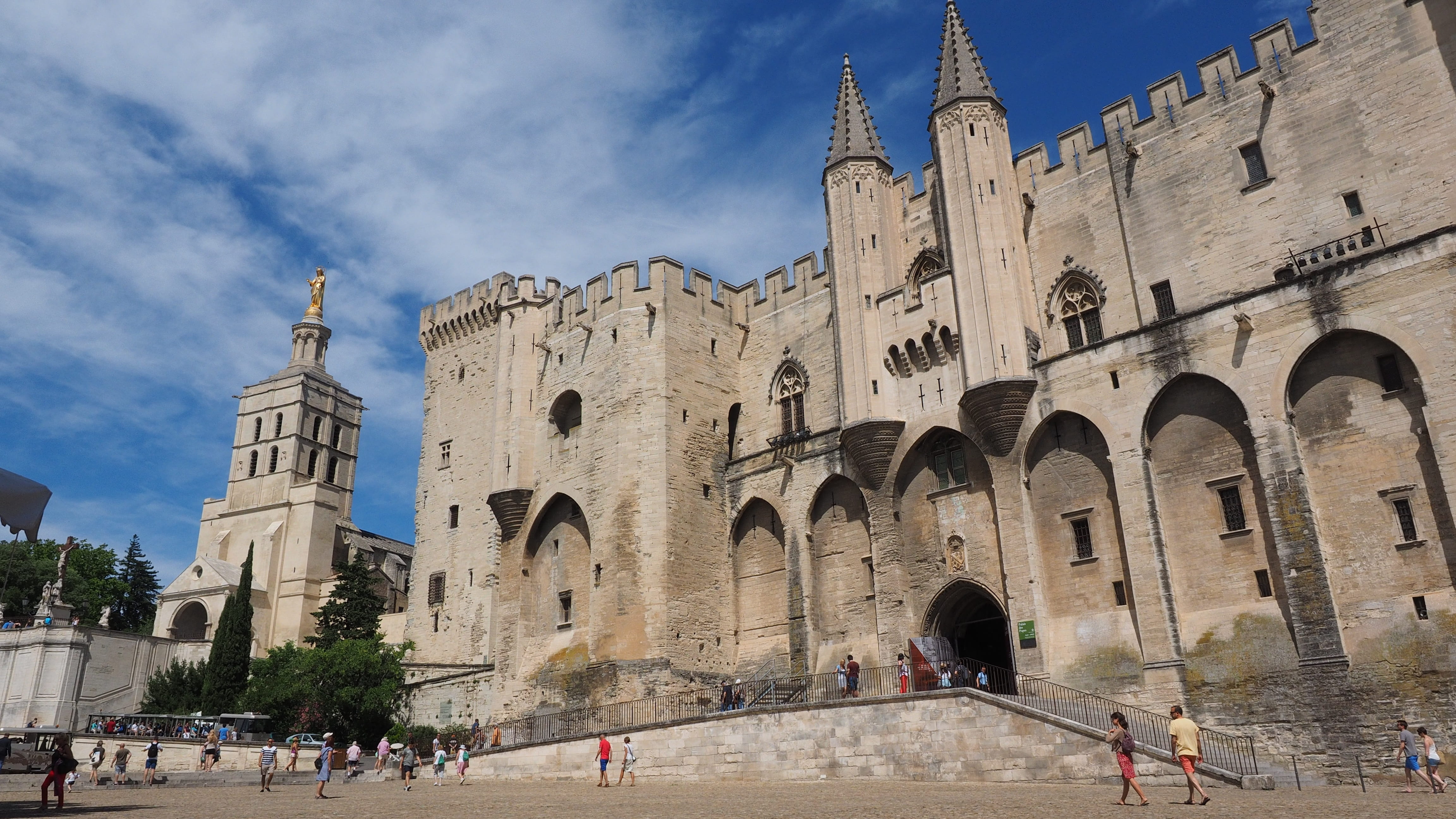 arch, impressive, nature, building exterior, places of interest, tourism, belief, spirituality, tower, group of people, palais des papes, sky, history, HD Wallpaper