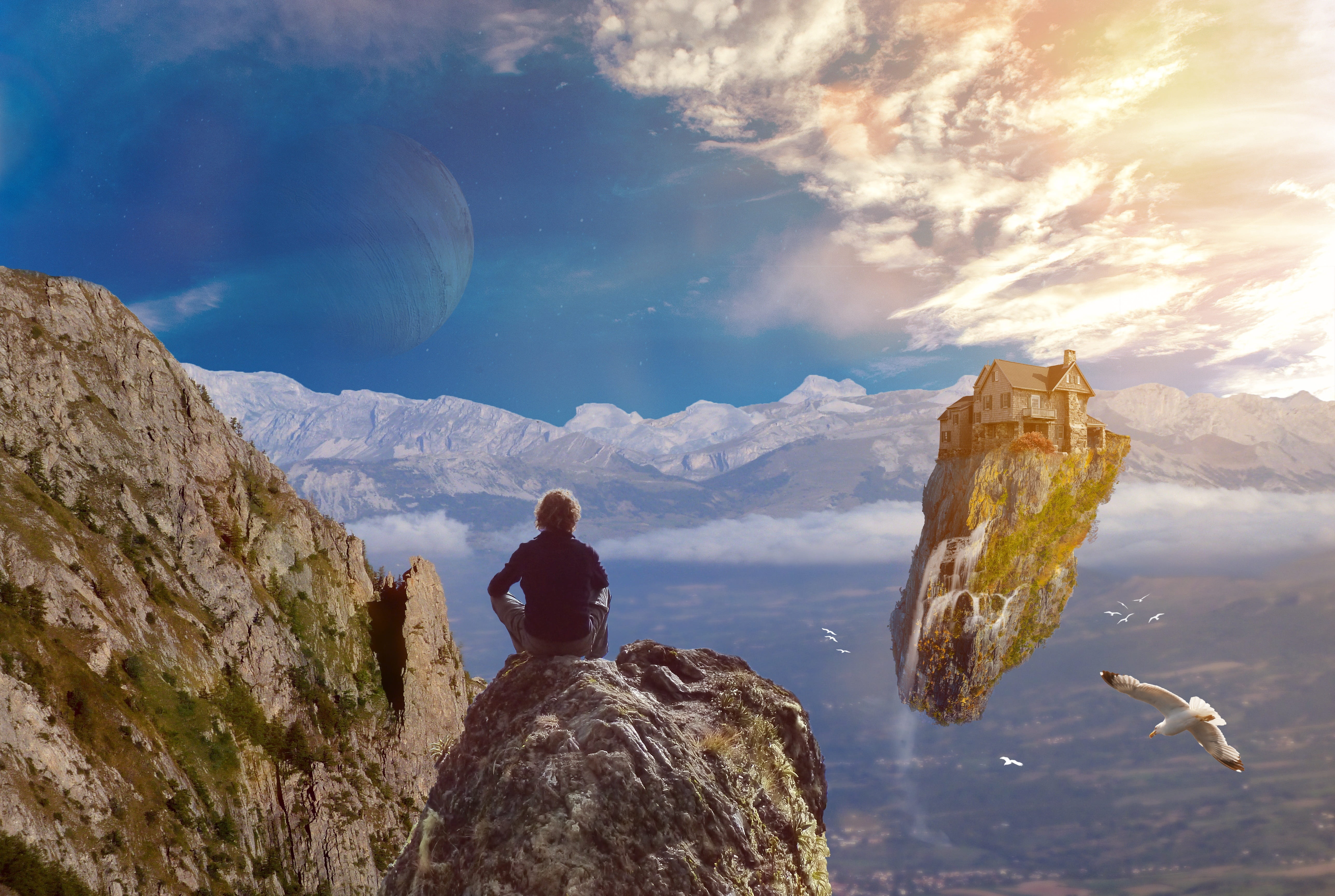 sky, universe, floating, cloud - sky, flying, bird, rock, cosmos, dream, photoshop, mountain, vacations, mountain range, surreal, formation, leisure activity, HD Wallpaper