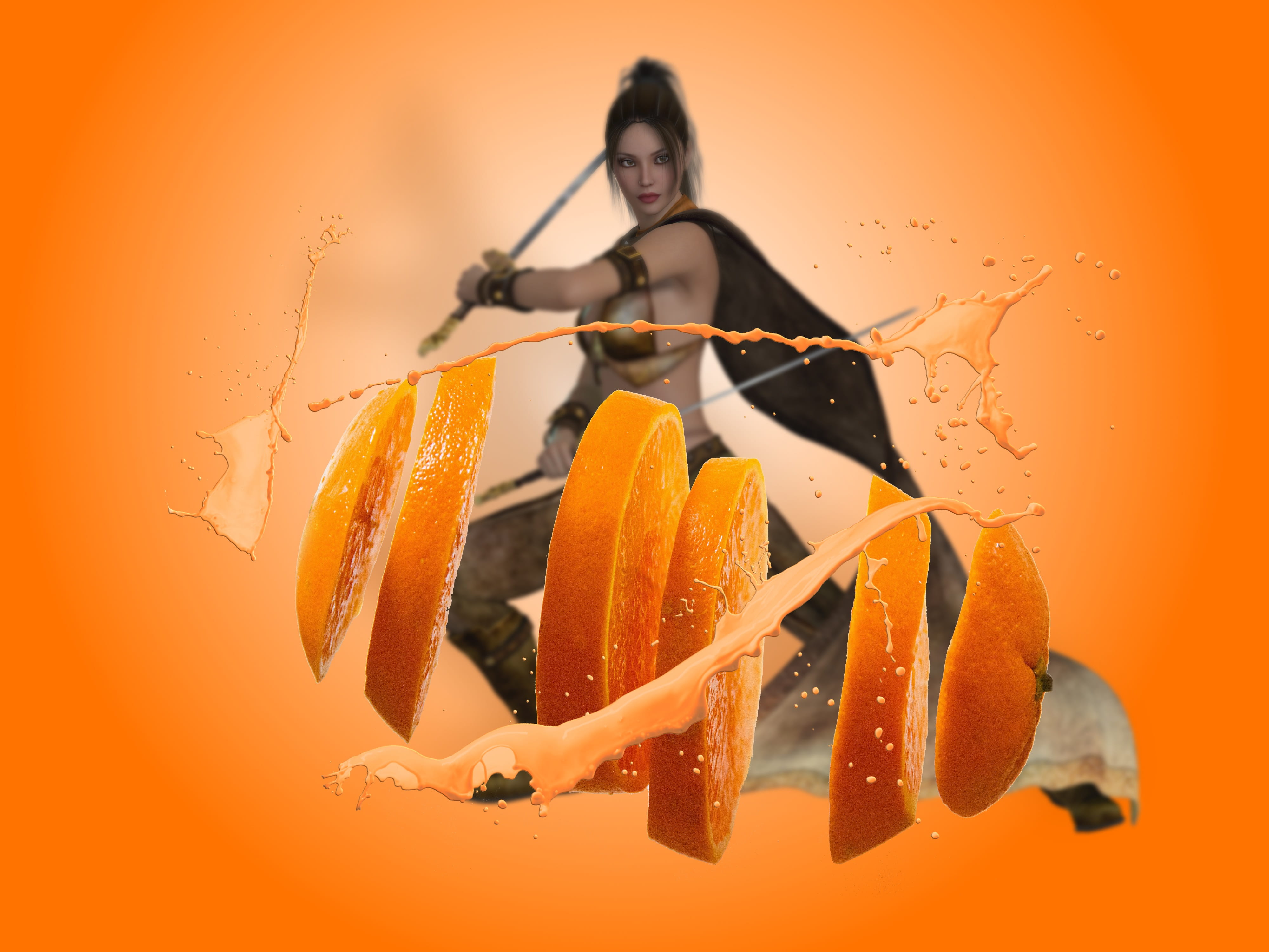 composing, indoors, woman, beauty, photo montage, pose, fantasy, sword, nature, studio shot, splashing, food, clothing, orange, vitamins, yellow, women, HD Wallpaper