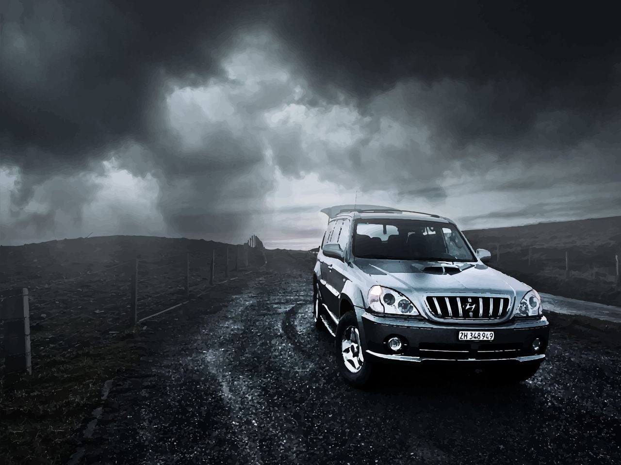 Conceptual, clouds, rain, modern, Photoshop, banner, photo art, trucks, atmosphere, storm, 4x4, high contrast, photo manipulation, car, wallpapper, poster, HD Wallpaper