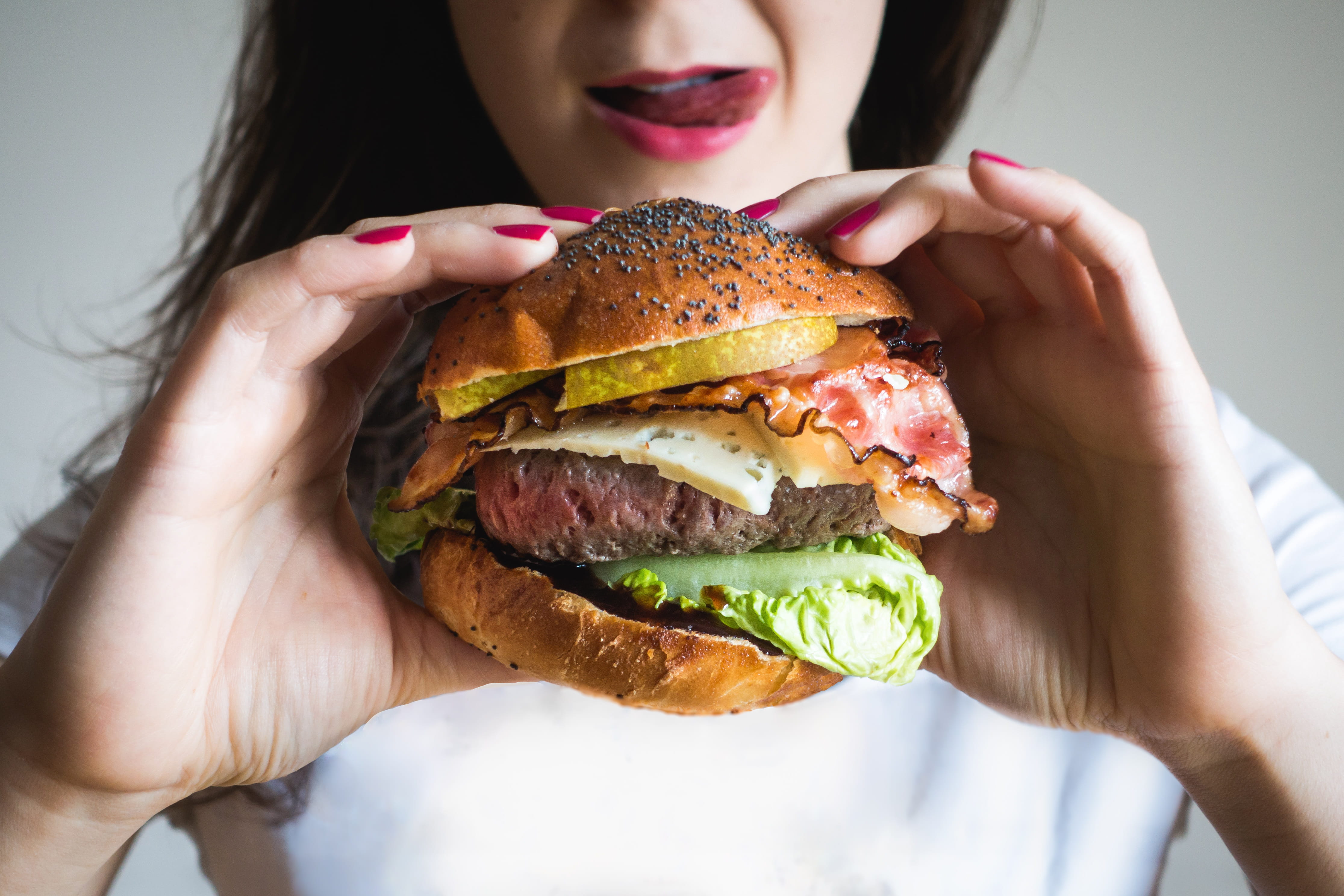 food And Drink, fast Food, one Person, take Out Food, cheeseburger, human body part, unhealthy Eating, snack, bread, huge, sandwich, lady, women, hungry, HD Wallpaper