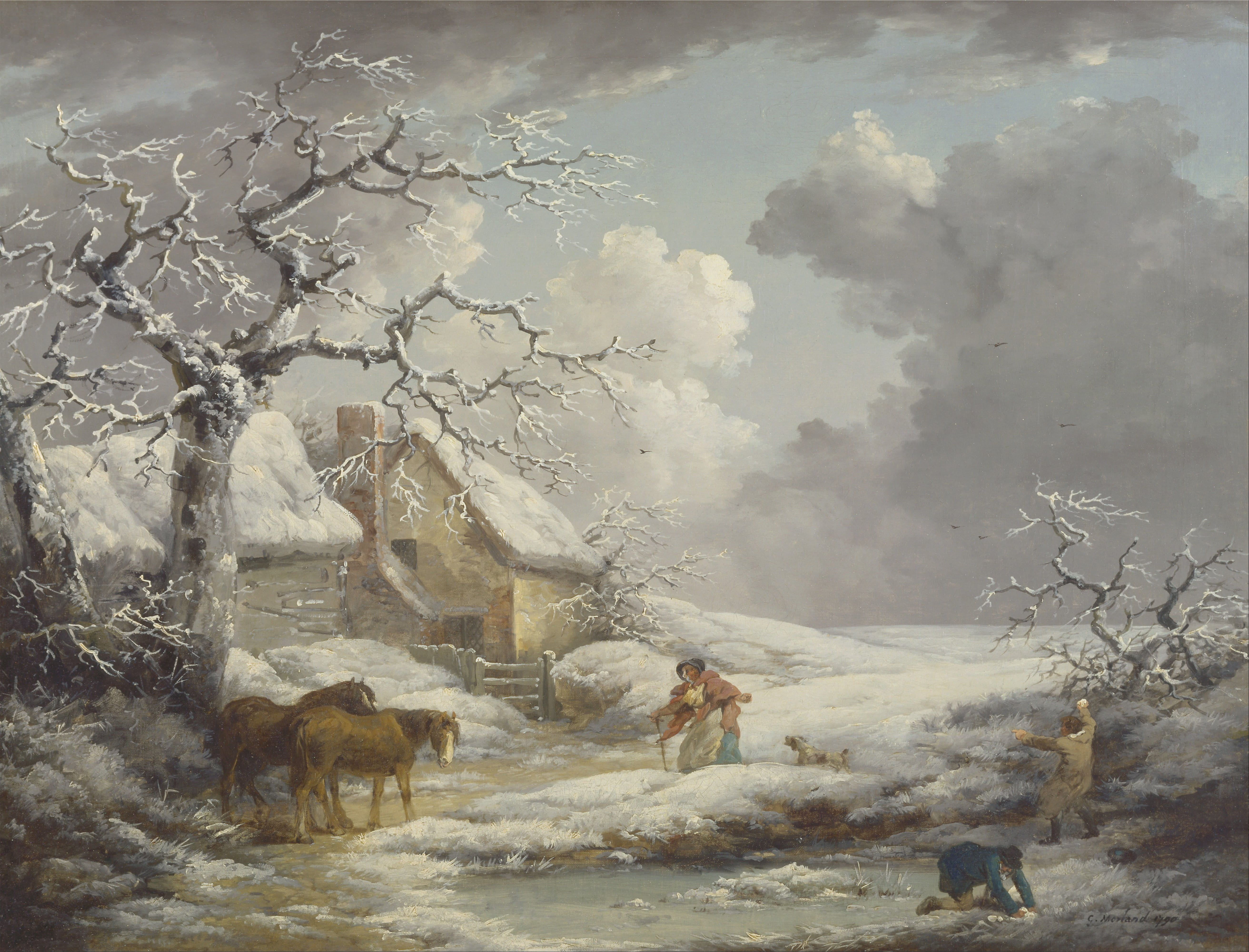 nature, bare, livestock, frozen, cover, landscape, rural, deer, house, herbivorous, animal, oil on canvas, children, dog, beside, woman, no people, winter, HD Wallpaper