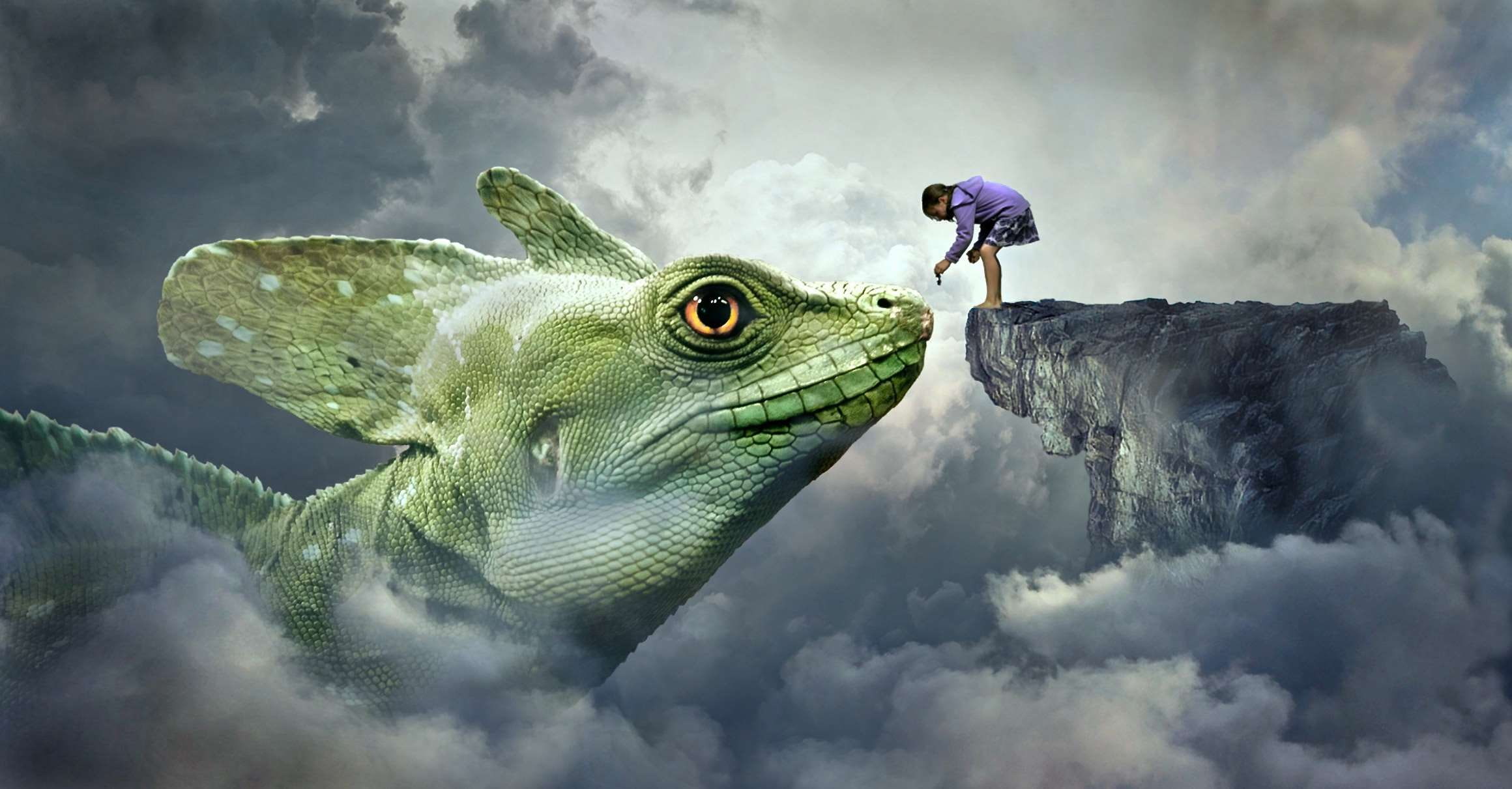 lizard, composing, land, side view, clouds, climbing, digital composite, child, girl, young adult, 1080P, feeding, full length, fantasy, sky, friendly, HD Wallpaper