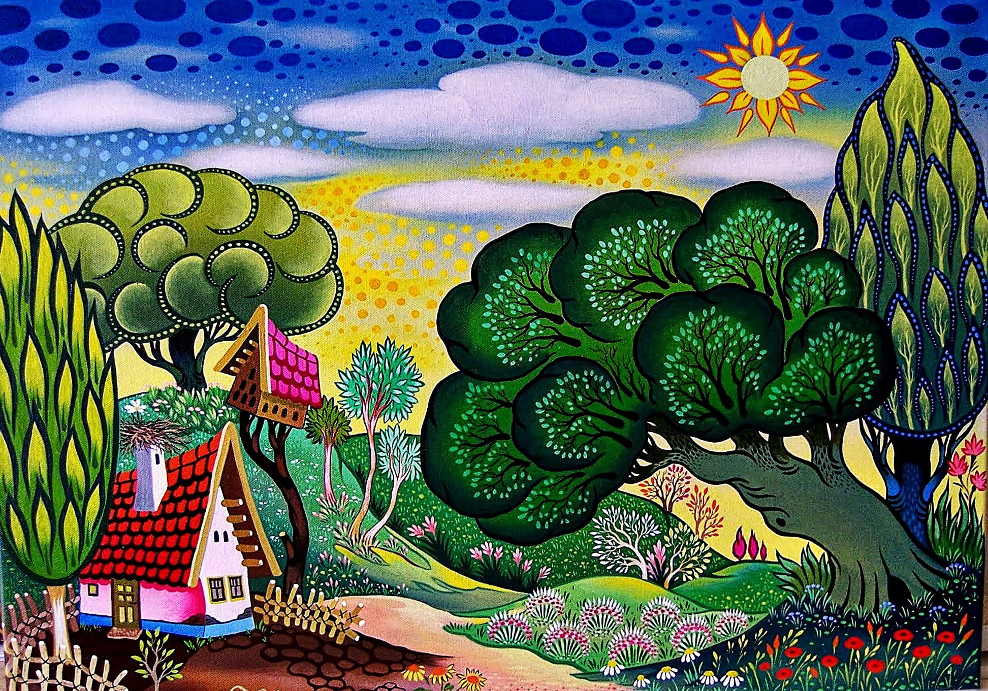 spring has come, Fairy world, 1080P, the artist Laszlo Kodaly (Hungary), tale, bright colors, naive painting, humorous drawings, the sun-sky-cloud-houses-trees-flowers-spring, HD Wallpaper