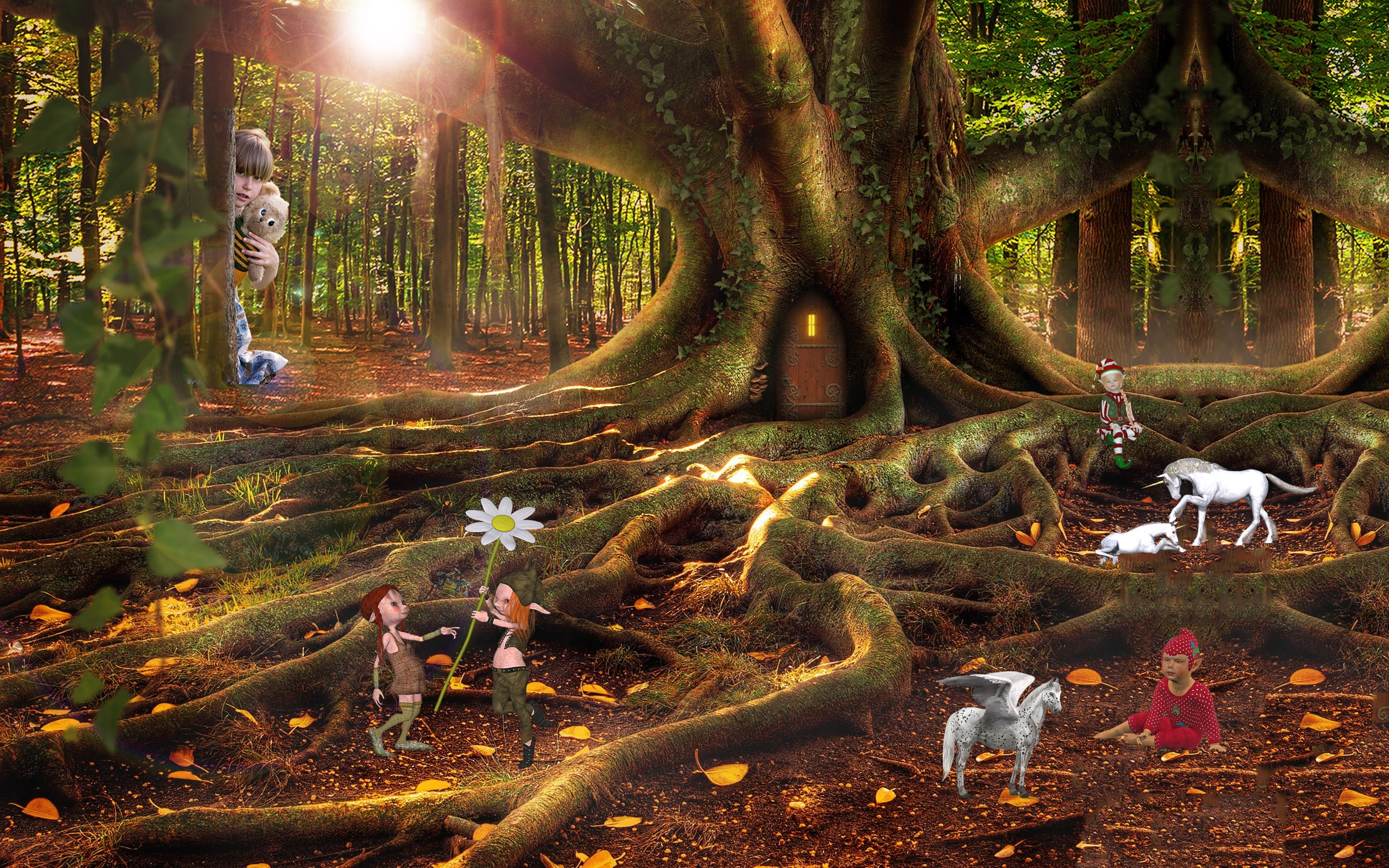 adult, trunk, leisure activity, mysterious, growth, child, fantasy picture, tree trunk, forest, landscape, nature, outdoors, day, plant, elves, fairytale, HD Wallpaper