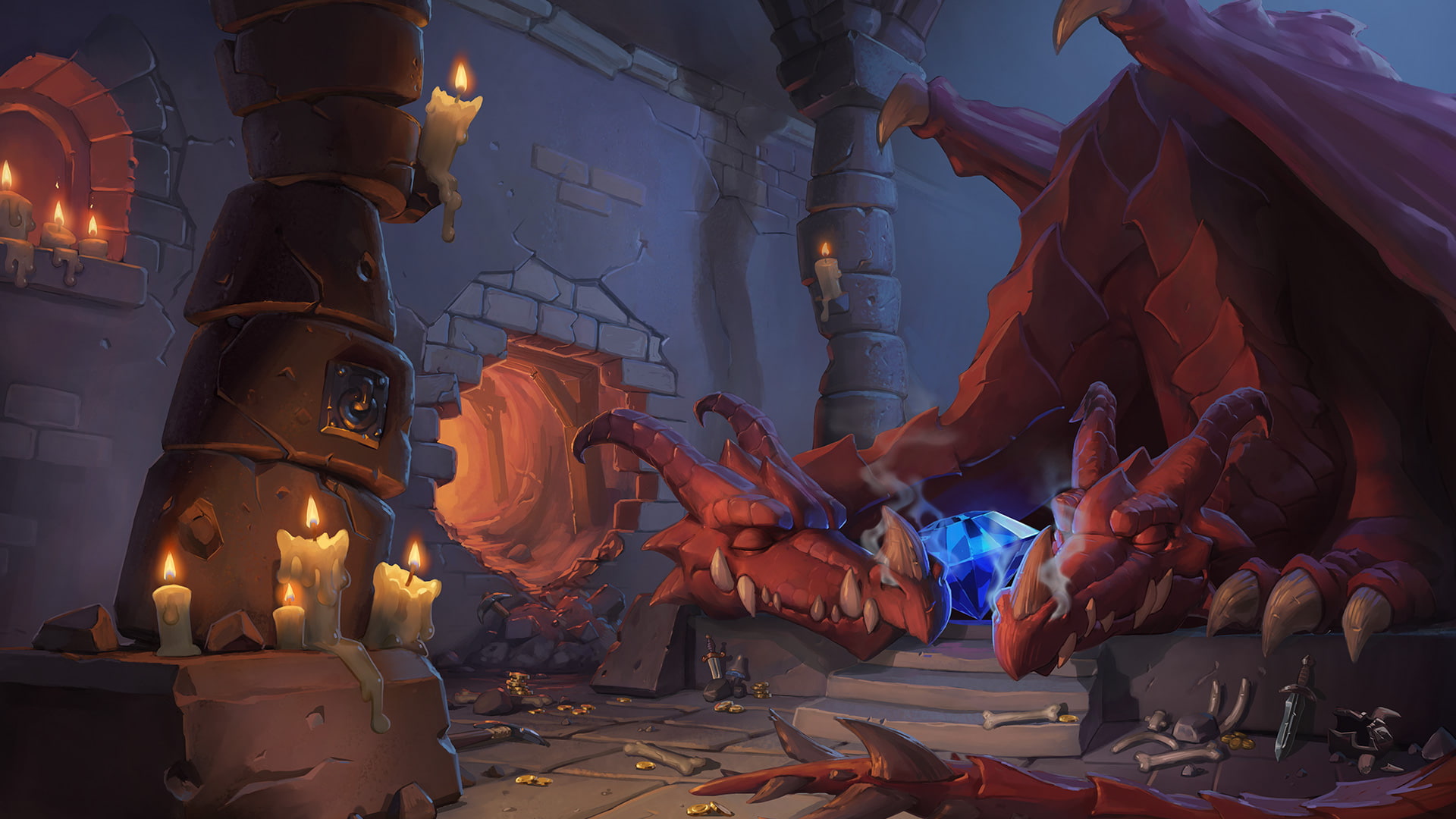 artwork, warcraft, dragon, candles, hearthstone, digital art, Hearthstone: Kobolds and Catacombs, video games, Kobolds, 1080P, Treasure, cave, Dungeon, HD Wallpaper
