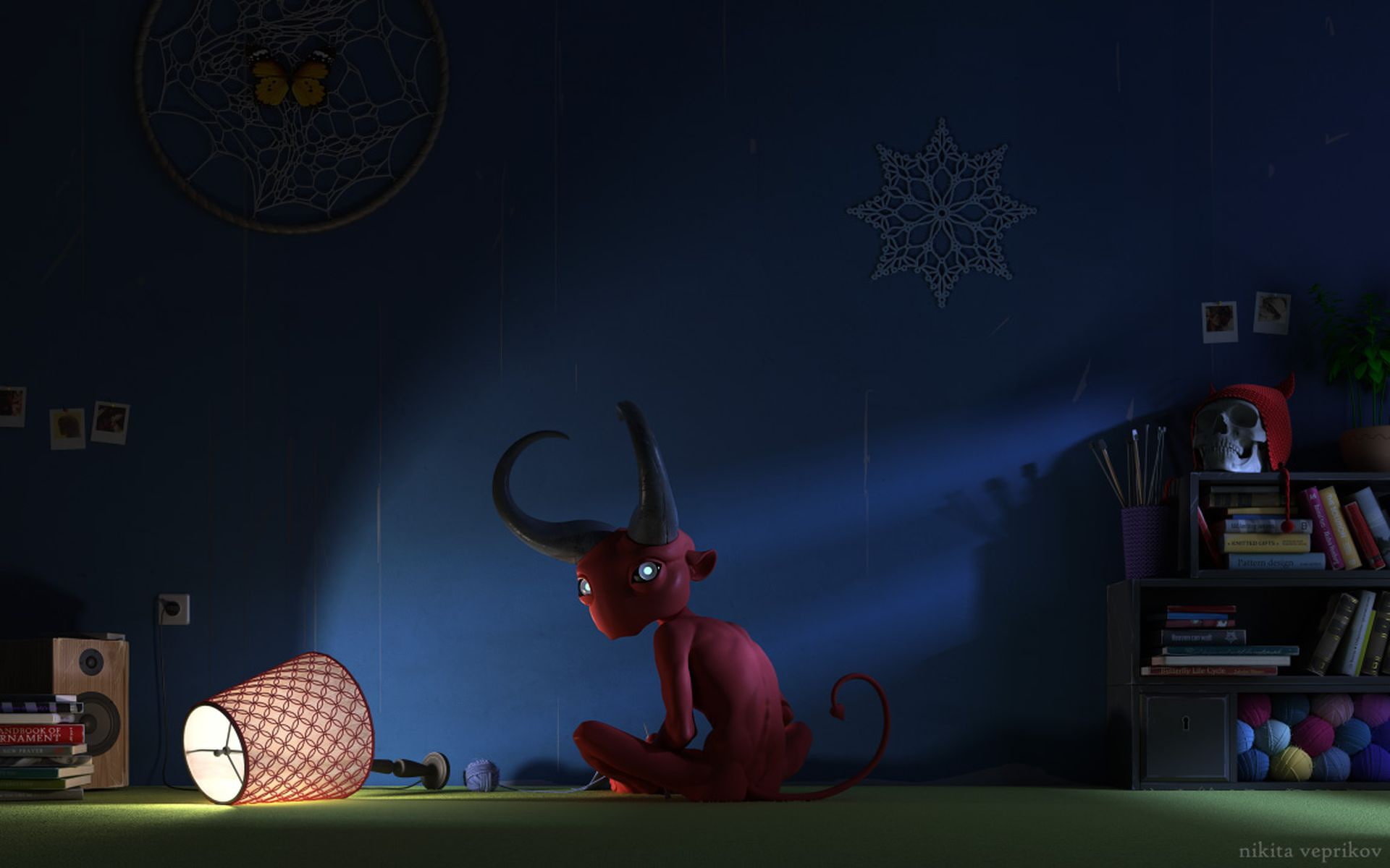 column, interior, blue, room, snowflake, 1080P, Dreamcatcher, lamp, books, imp, HD Wallpaper