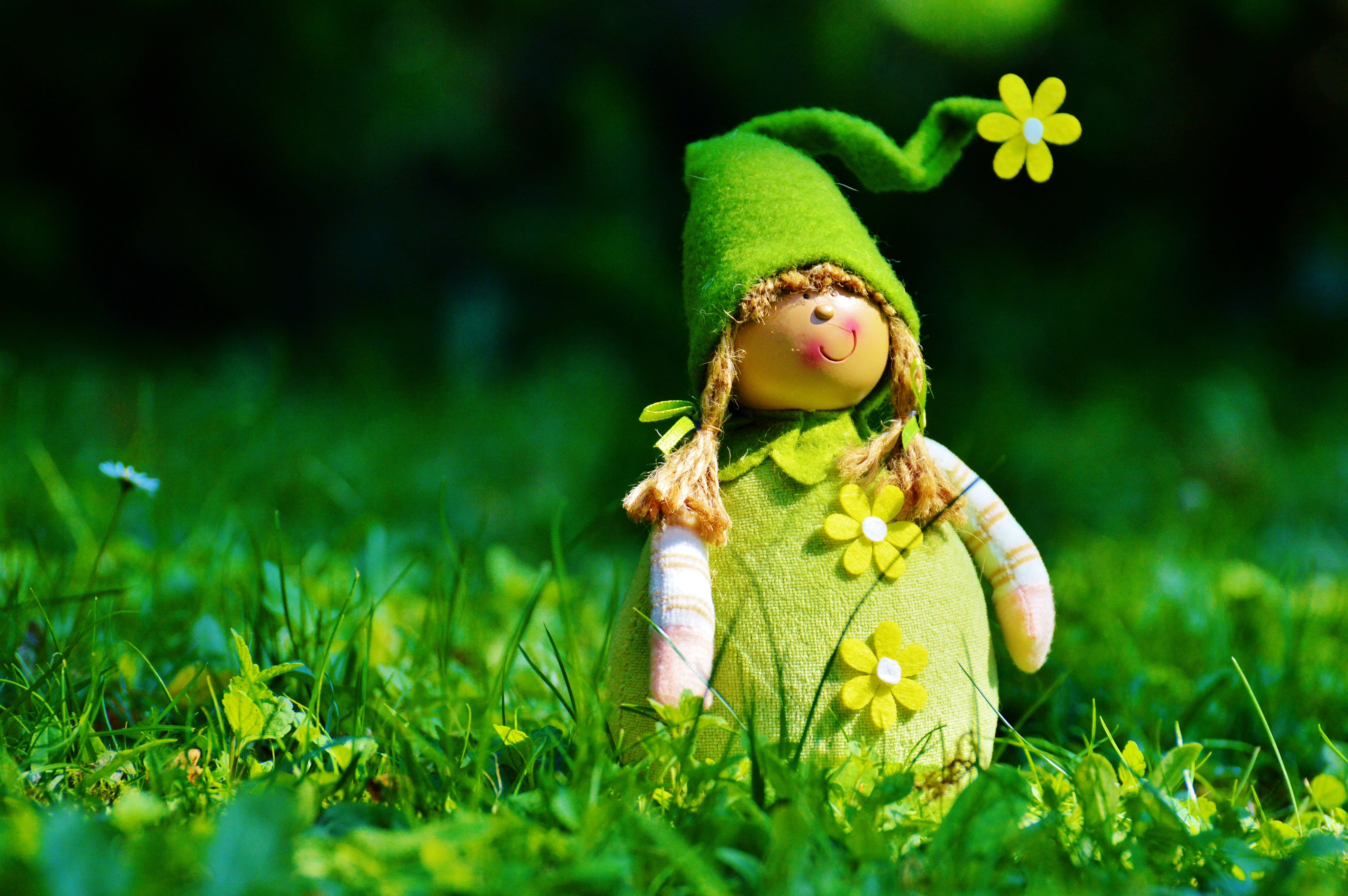 one person, toy, childhood, focus on foreground, outdoors, clothing, dwarf, plant, child, fun, imp, funny, green, nature, small, spring imp, baby, 5K, HD Wallpaper
