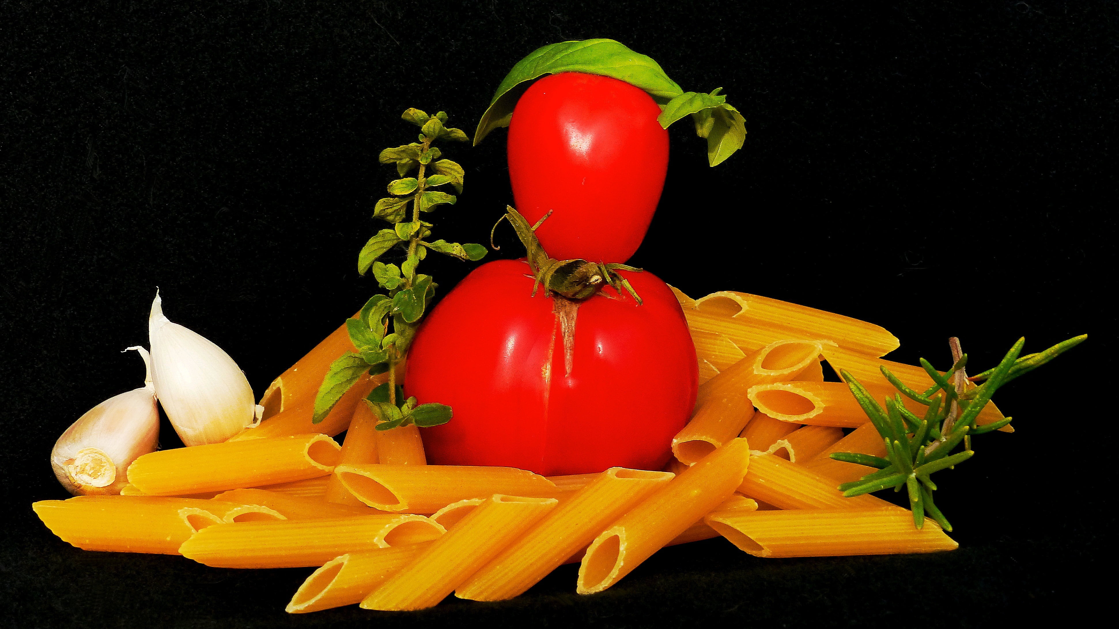 fruit, healthy eating, close-up, wellbeing, pasta, freshness, indoors, black background, still life, oregano, garlic, pepper, studio shot, italian food, HD Wallpaper