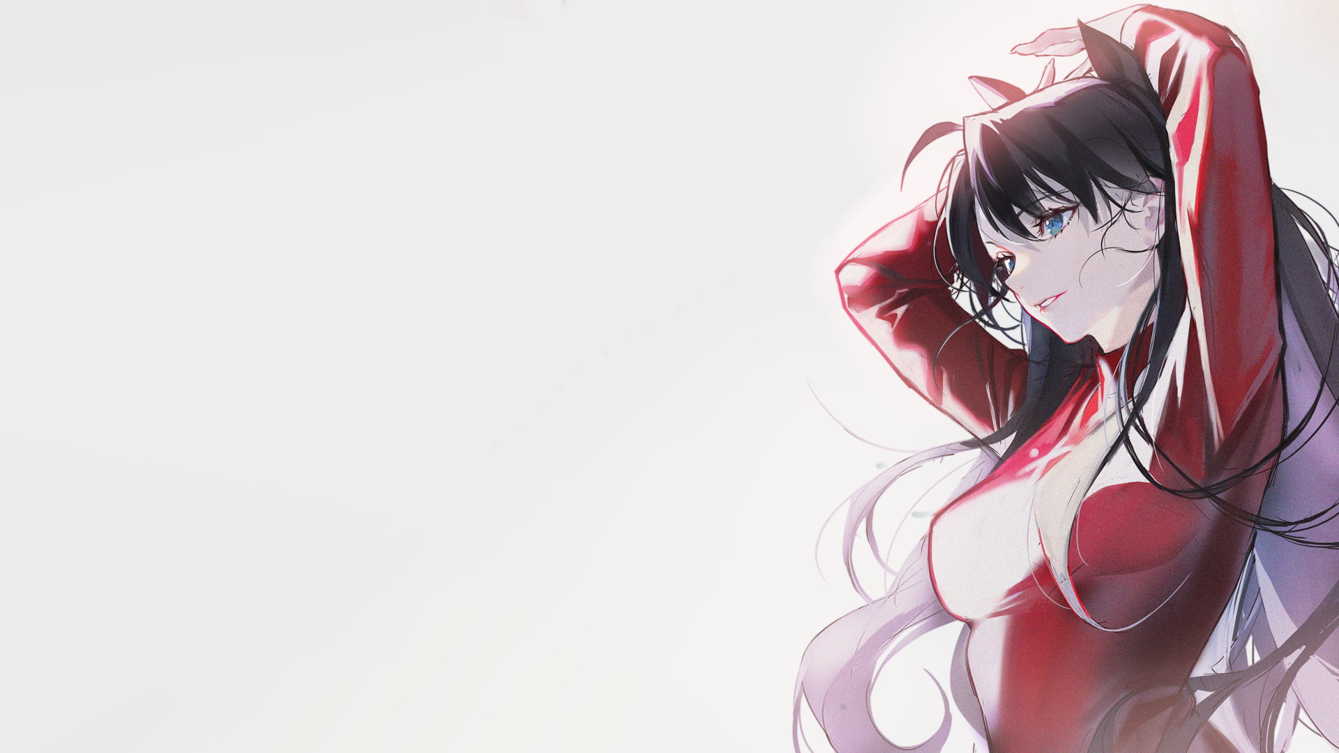 long hair, sweater, Fate/Stay Night, 1080P, Tohsaka Rin, Imp, arms up, twintails, anime girls, anime, red sweater, Fate Series, HD Wallpaper