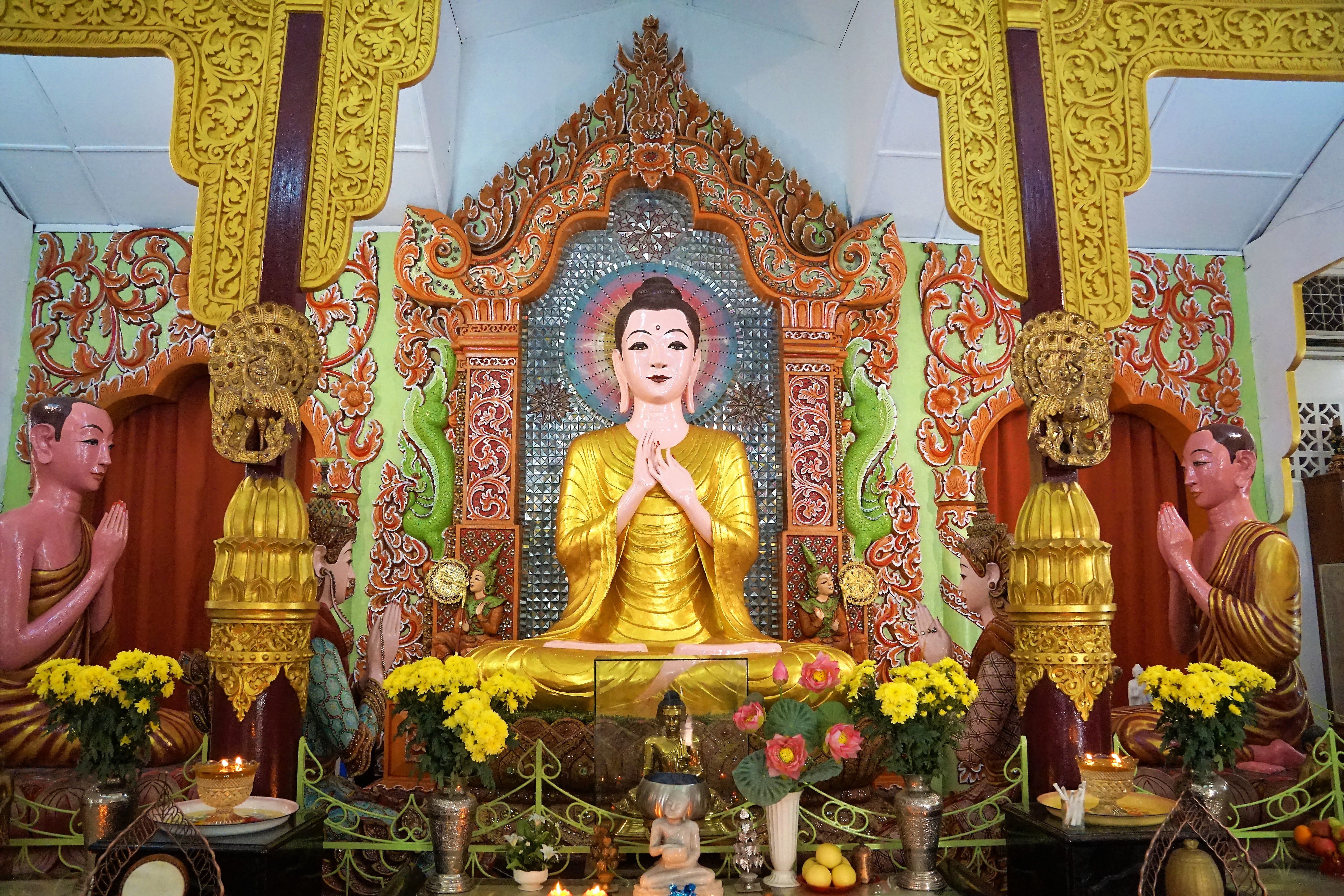 idol, head, god, building, male likeness, girl, holidays, hobby, ornament, gold, plant, reclining buddha temple, painting, artistically, travel, penang, HD Wallpaper