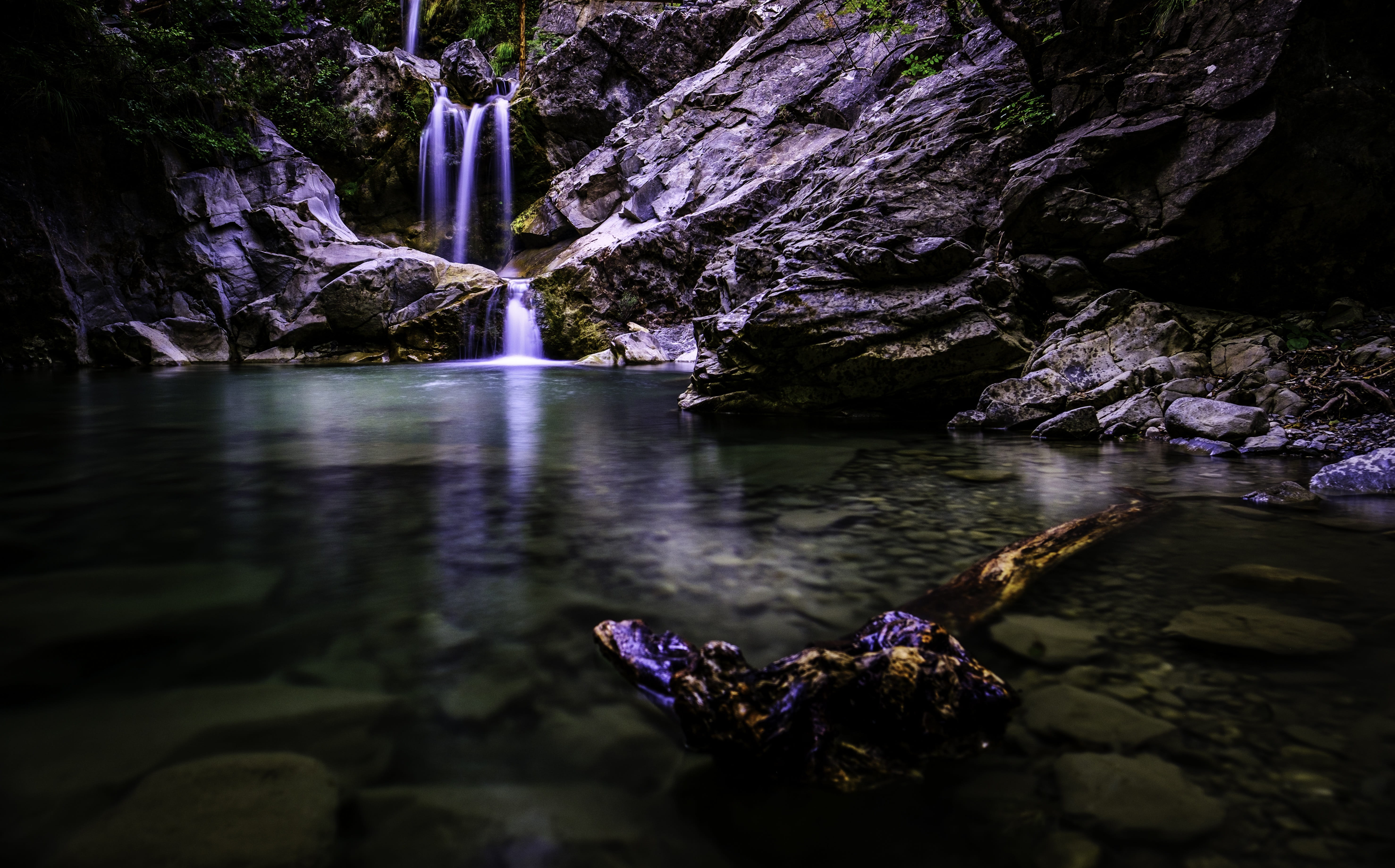 torrent, outdoors, mood, dark, no people, water, flowing water, 5K, atmosphere, pond, tranquility, beauty in nature, purple, autumn, rock formation, land, HD Wallpaper