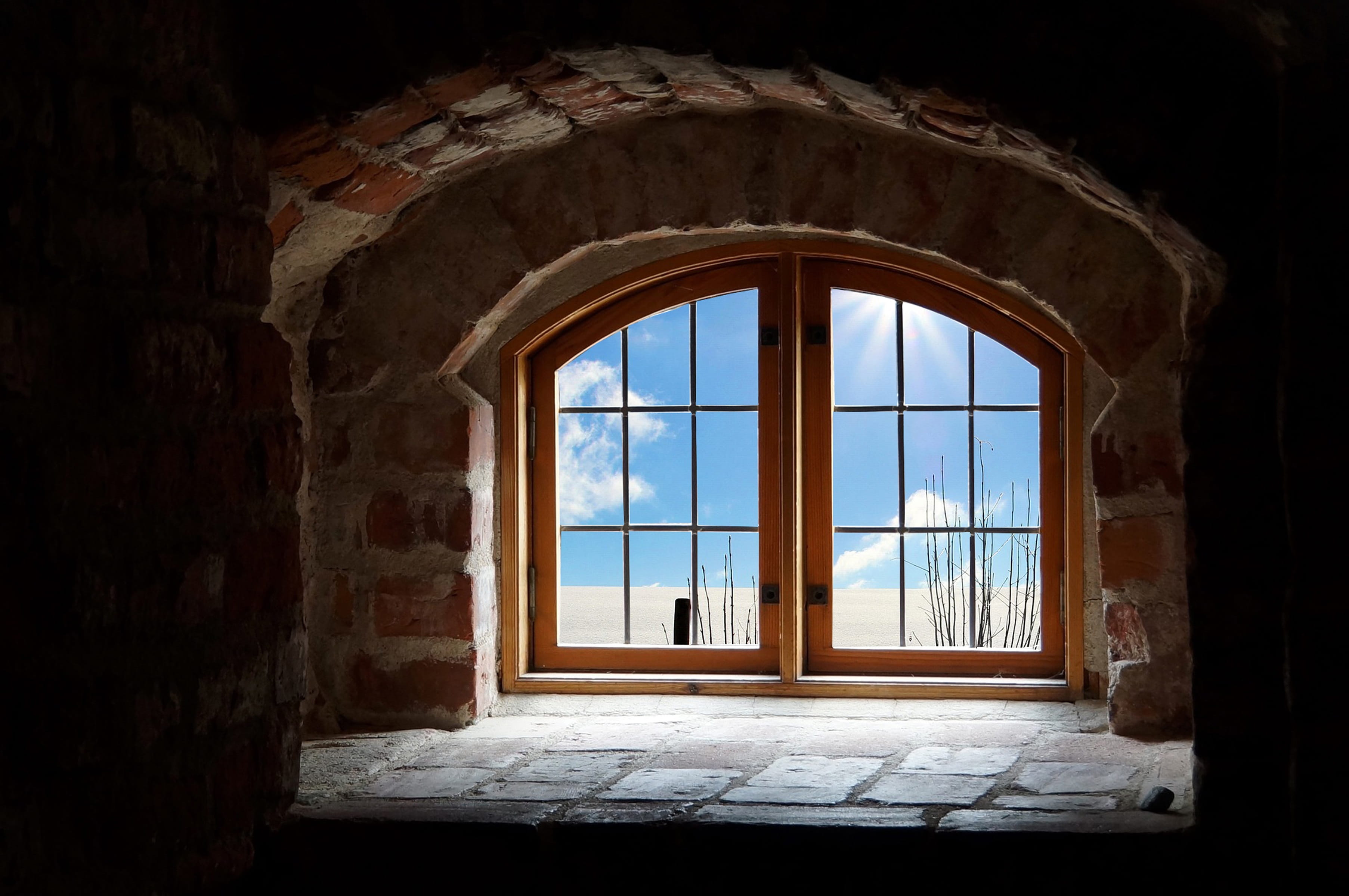 landscape, facade, outdoor, entrance, recess, scene, wooden, sun, window frame, wall, snow, rays, building, indoors, history, clouds, brick, attic, old, HD Wallpaper