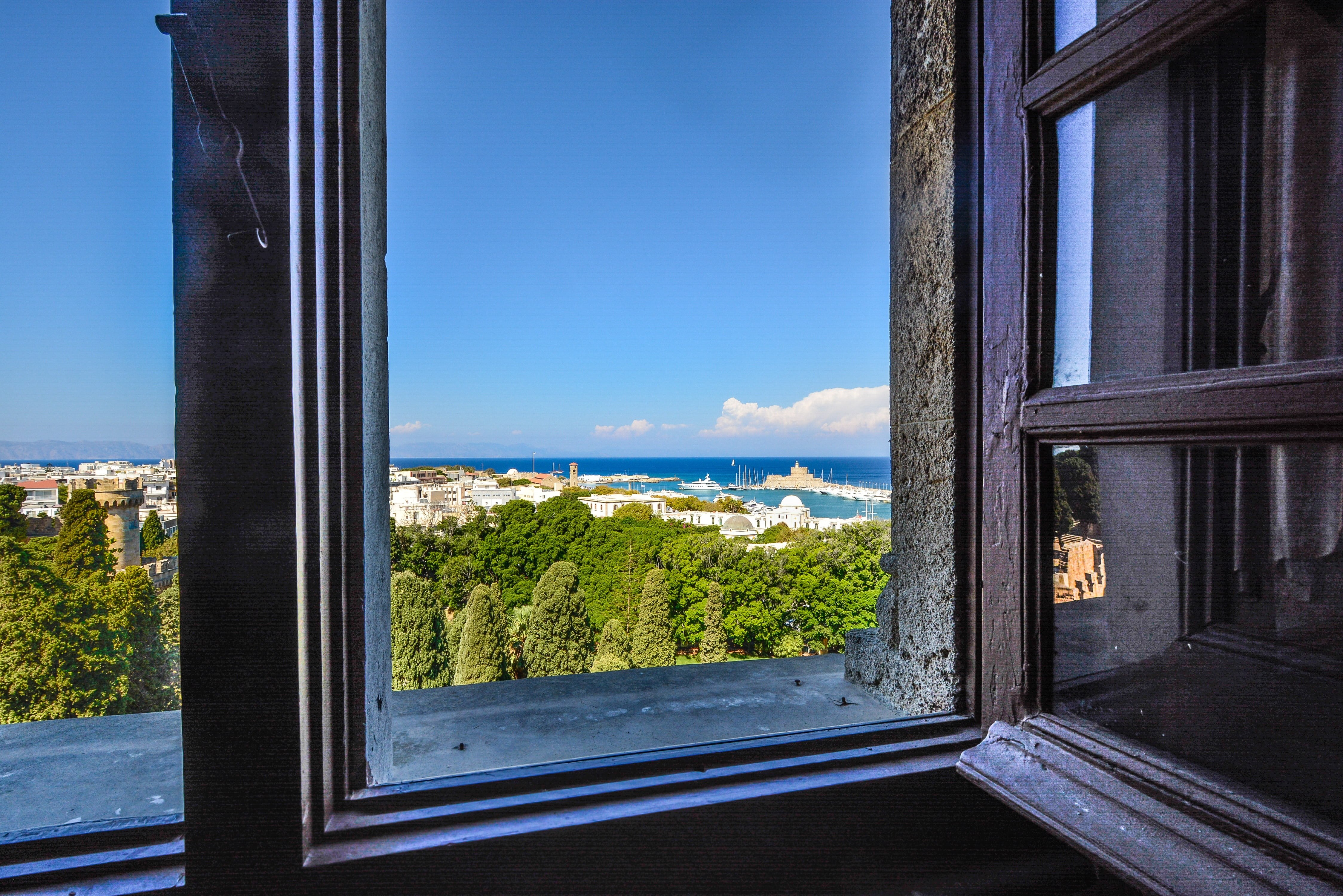 sea, view, rhodes, looking through window, no people, open, built structure, day, plant, greece, building, mediterranean, tranquil scene, window frame, HD Wallpaper