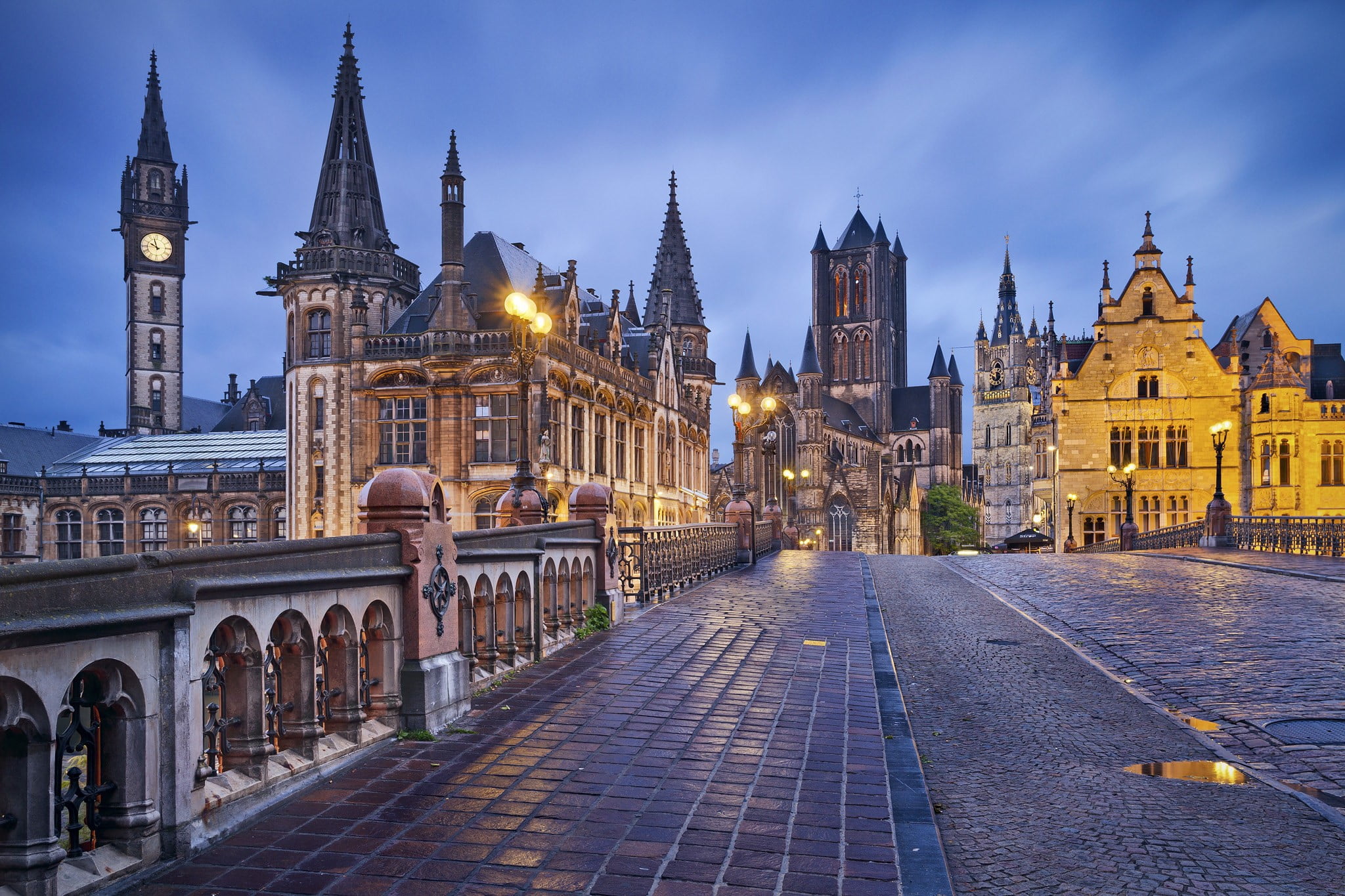 brown, dusk, street, Belgium, travel destinations, history, concrete, tourism, sky, urban, Gent, the past, religion, tower, government, built structure, HD Wallpaper